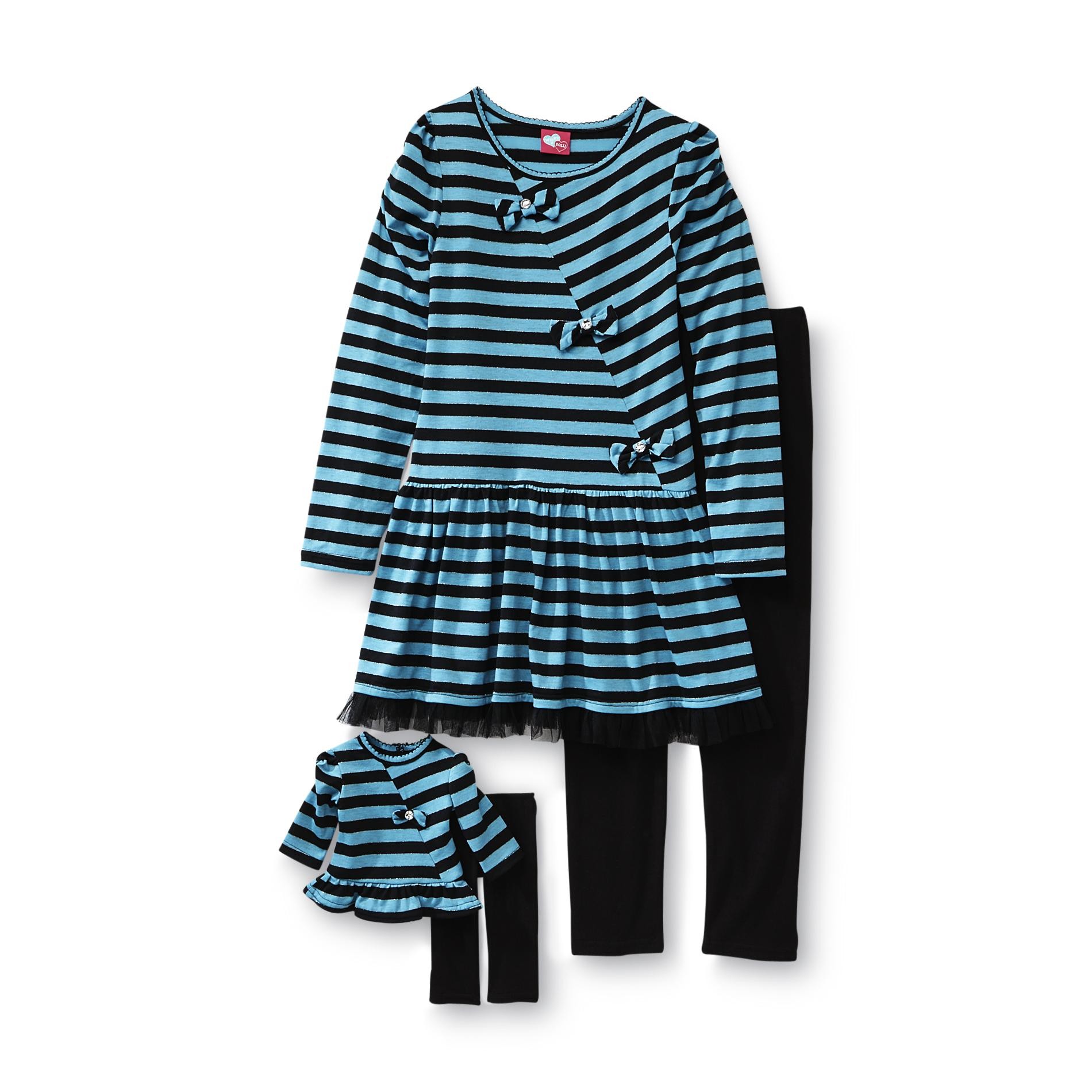 What A Doll Girl's Tunic  Leggings & Doll Outfit - Metallic Striped