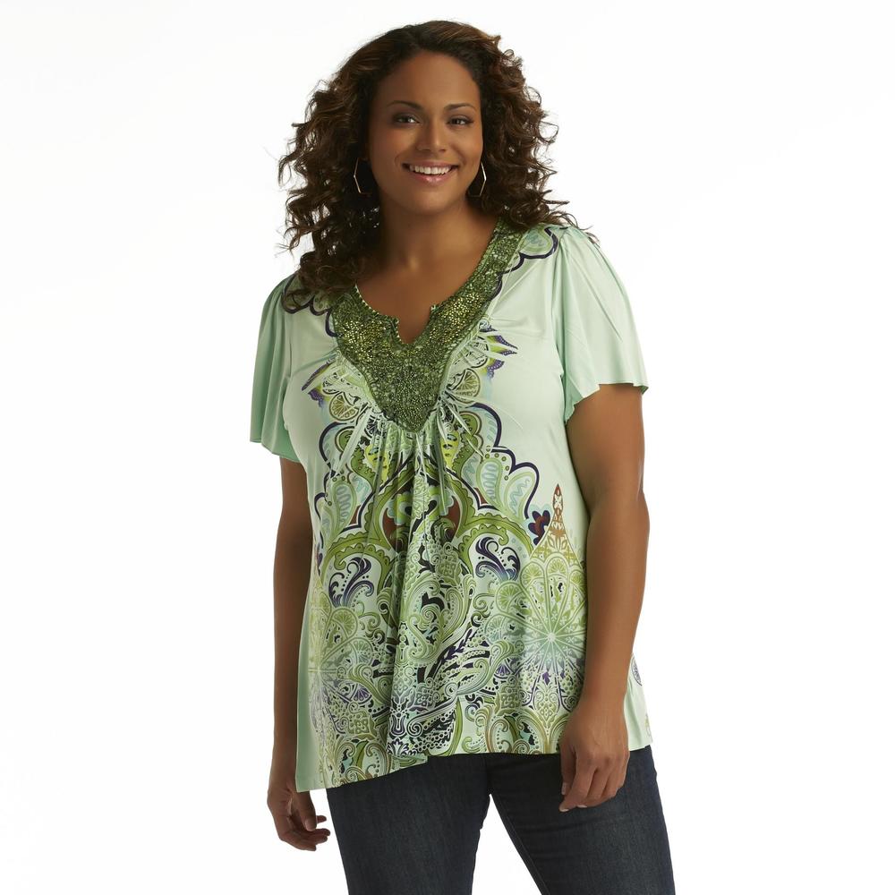 Live and Let Live Women's Plus Beaded Crochet-Trim Top - Psychedelic Print