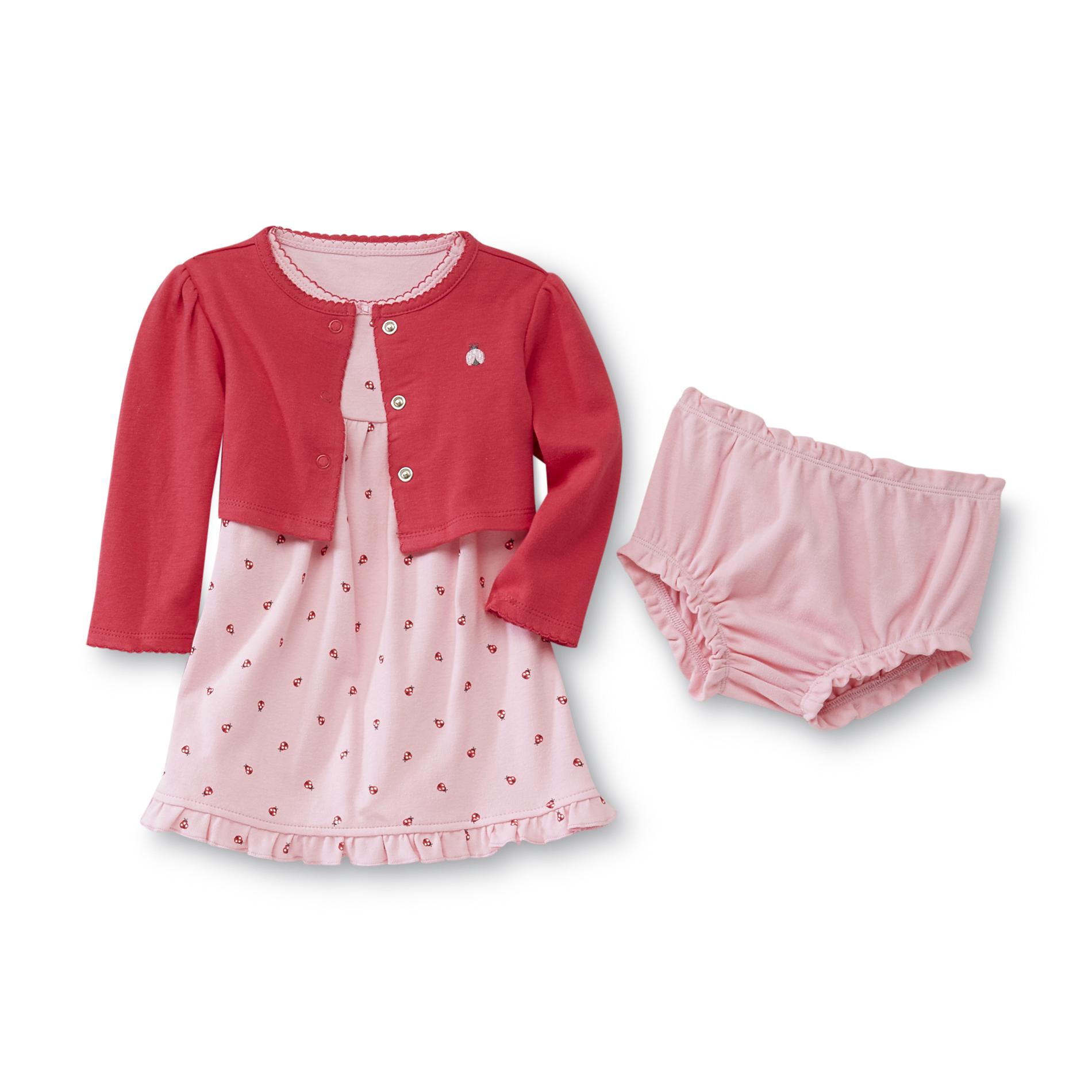 Small Wonders Newborn Girl's Sleeveless Dress  Cardigan & Diaper Cover - Ladybug