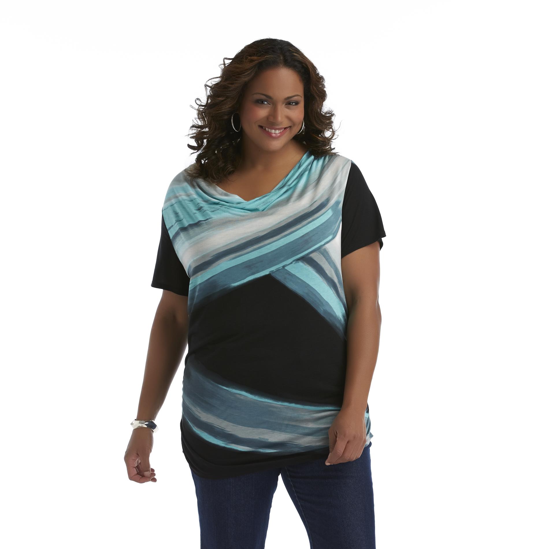 Beverly Drive Women's Plus Cowl Neck Tunic - Striped