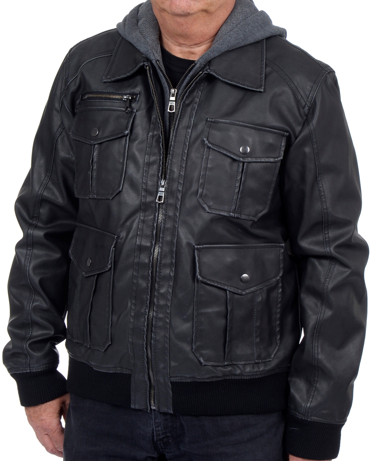 Excelled Men's Faux Leather Hooded Bomber Jacket - Online Exclusive