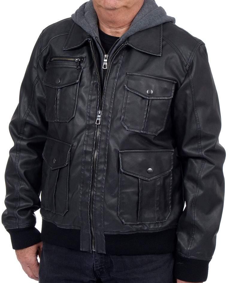 Excelled Men's Faux Leather Hooded Bomber Jacket Online Exclusive
