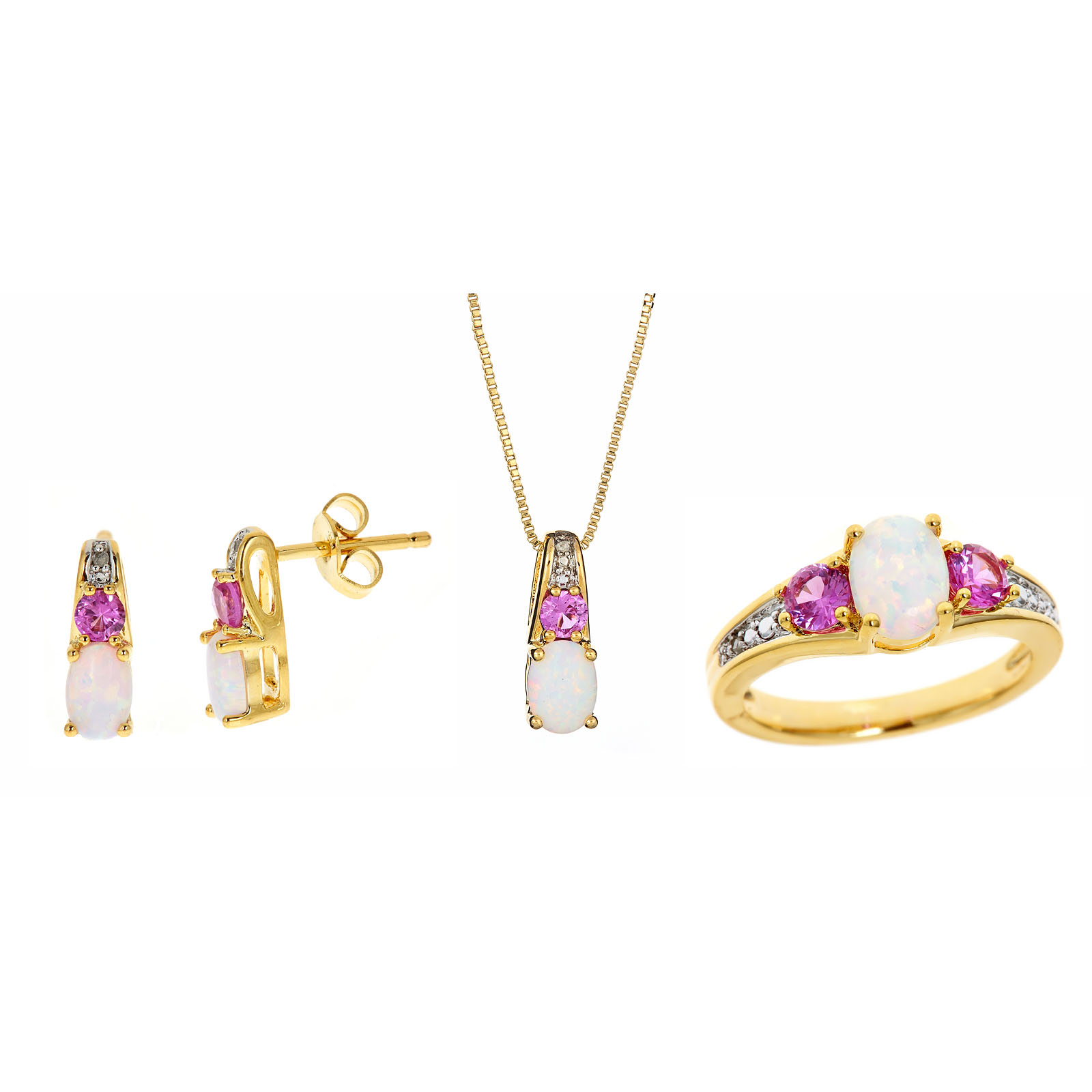 3 pc GOB  Created Opal & Created Pink Sapphire Earring Necklace &Ring Set