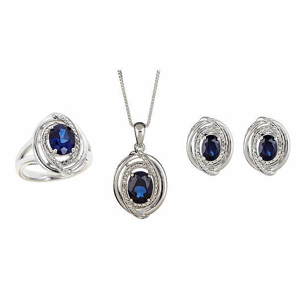 3 pc Rhodium Over Brass Created Oval Blue Sapphire & Diamond Accent Earring  Necklace &  Ring Set