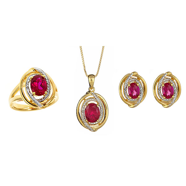 3 pc Gold Over Brass Oval Created Ruby & Diamond Acct Earring  Necklace & Ring Set