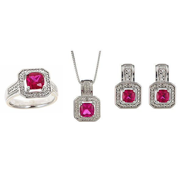 3 pc ROB Cushion Cut Created Ruby & Diamond Accent Earring  Necklace & Ring Set