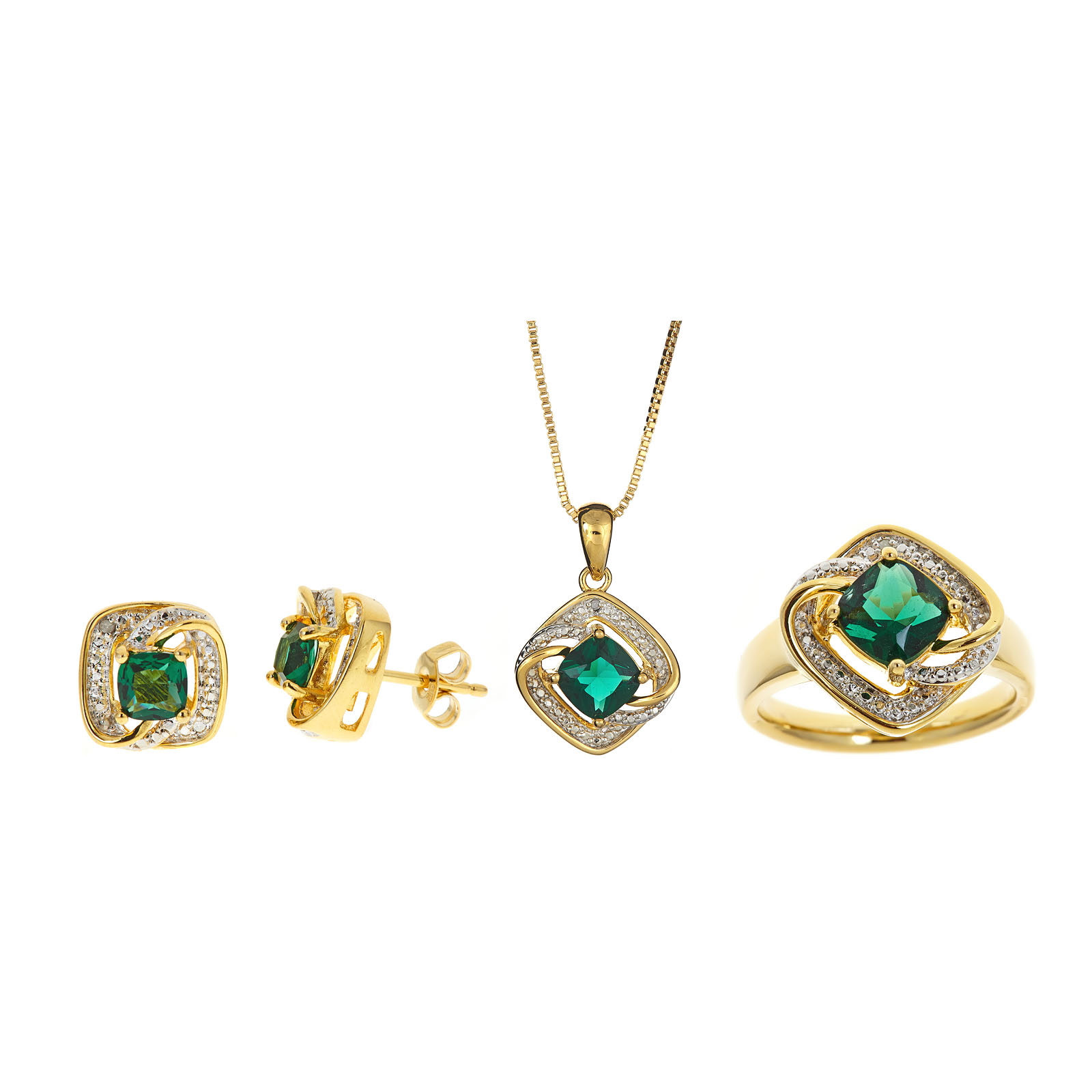 3  pc Gold Over Brass Simulated Emerald & Diamond Acct Earring  Necklace & Ring Set