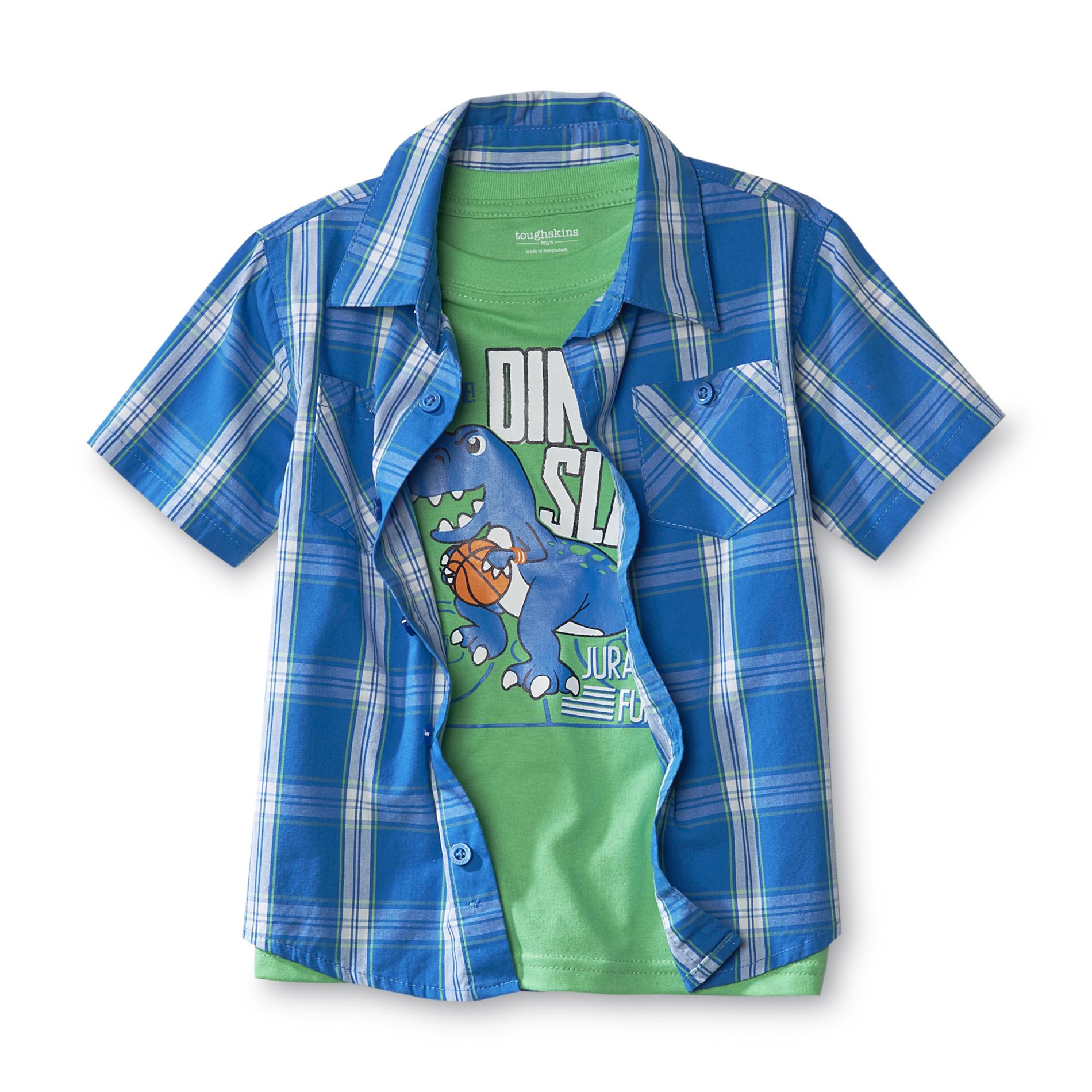 Toughskins Infant & Toddler Boy's Plaid T-Shirt & Button-Front Shirt - Basketball Dinosaur