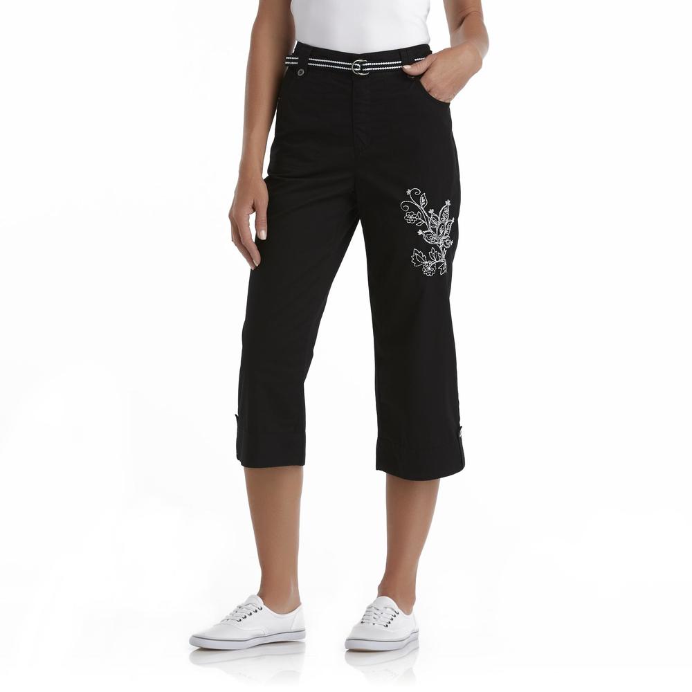 Basic Editions Women's Plus Stretch Khaki Capri Pants & Belt - Flower