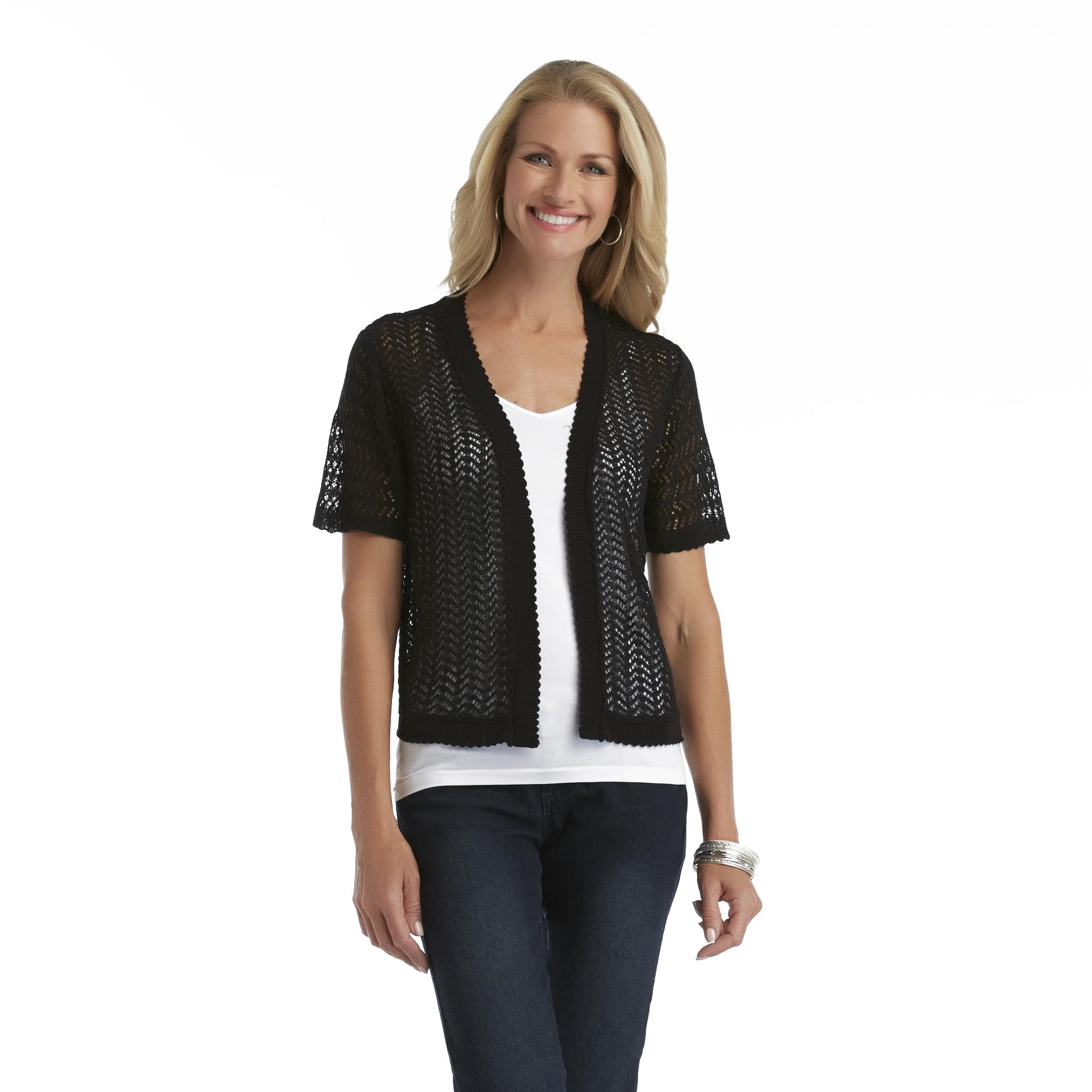 Basic Editions Women's Open-Front Pointelle Cardigan - Scalloped