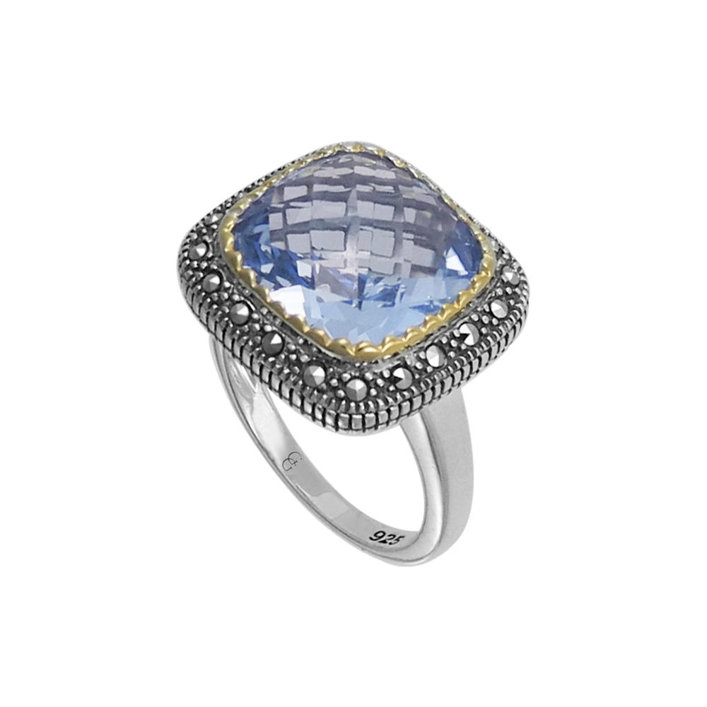 Mac's Sterling Silver Ring Set with Blue Synthetic Quartz & Marcasite (Gold Trimmed)