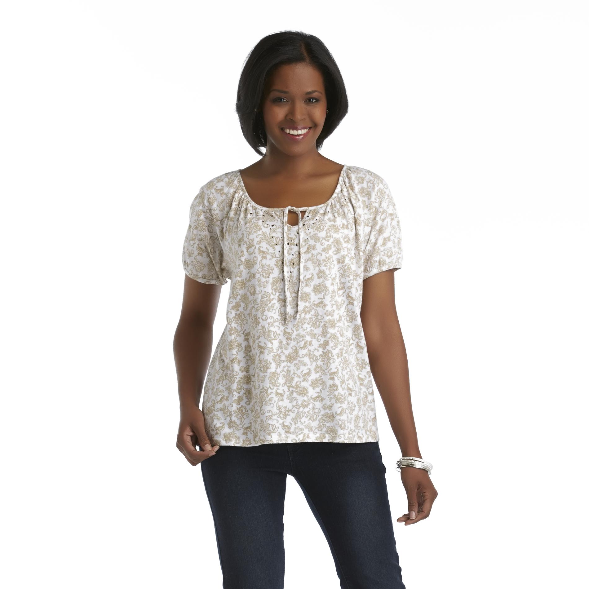Basic Editions Women's Embellished Peasant Top - Paisley