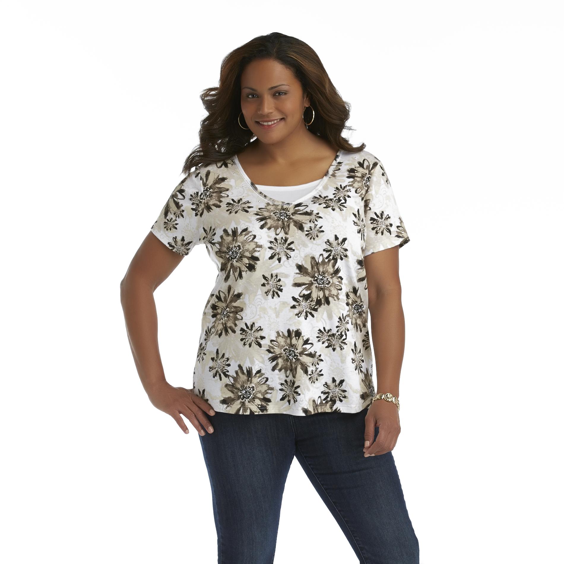 Basic Editions Women's Plus Layered V-Neck Top - Floral