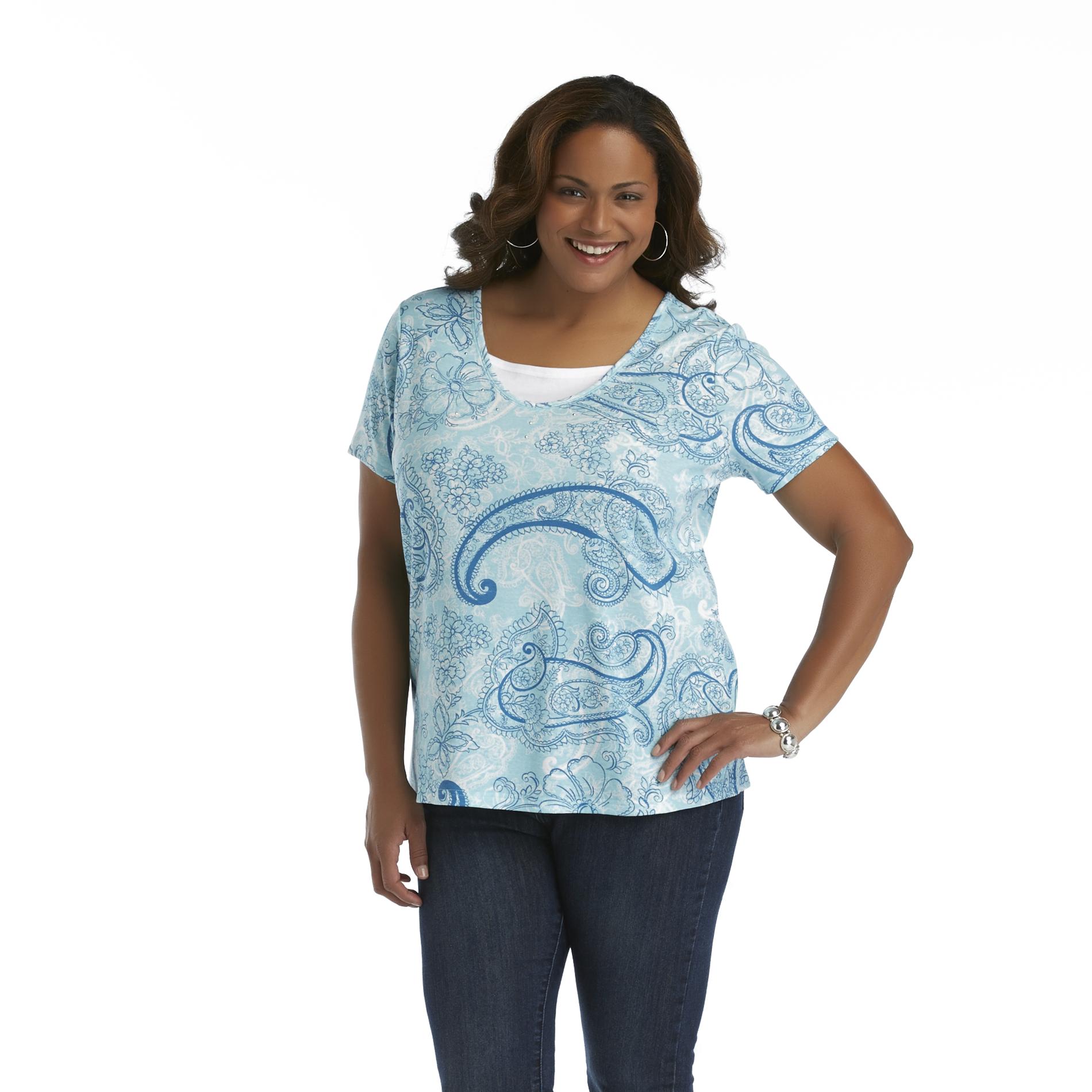 Basic Editions Women's Plus Layered V-Neck Top - Paisley