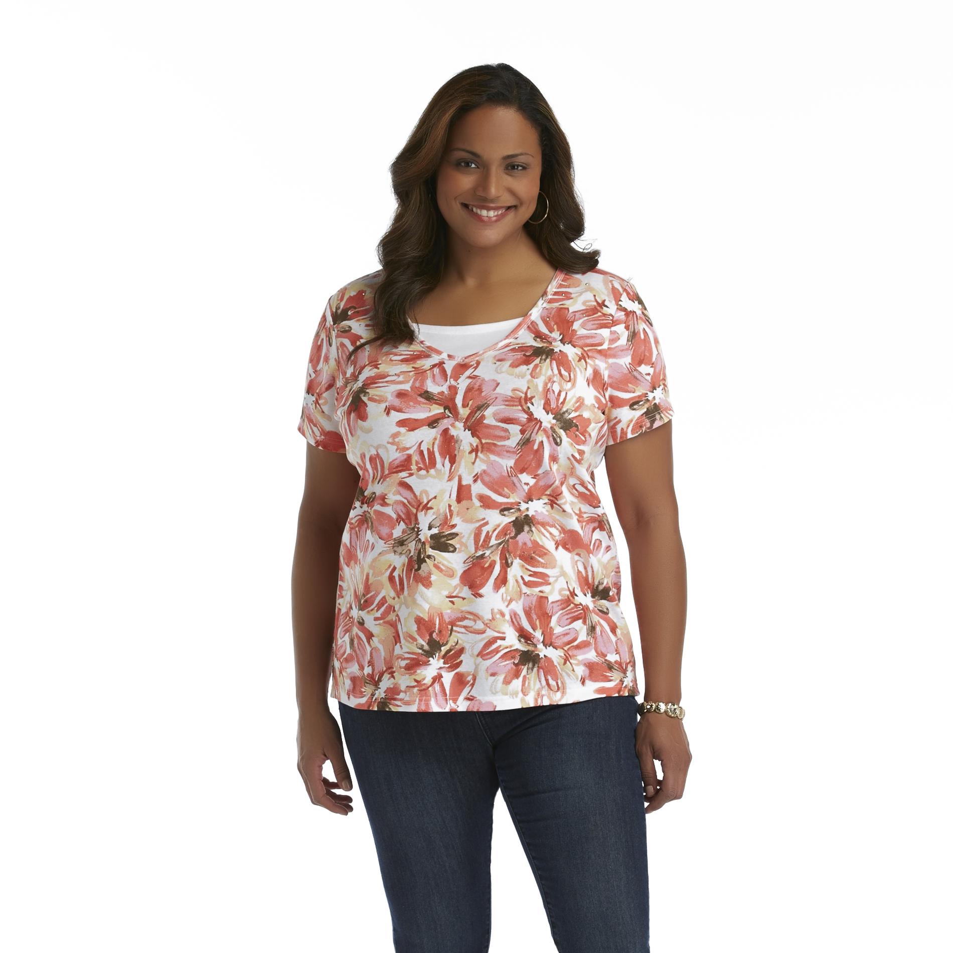 Basic Editions Women's Plus Layered V-Neck Top - Floral
