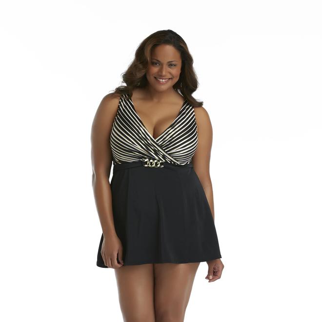 Jaclyn Smith Women's Plus Belted Swim Dress Striped