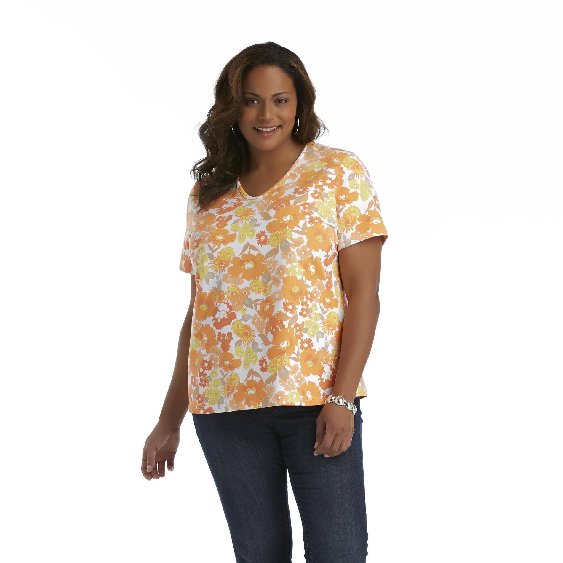 Basic Editions Women's Plus V-Neck Top - Floral