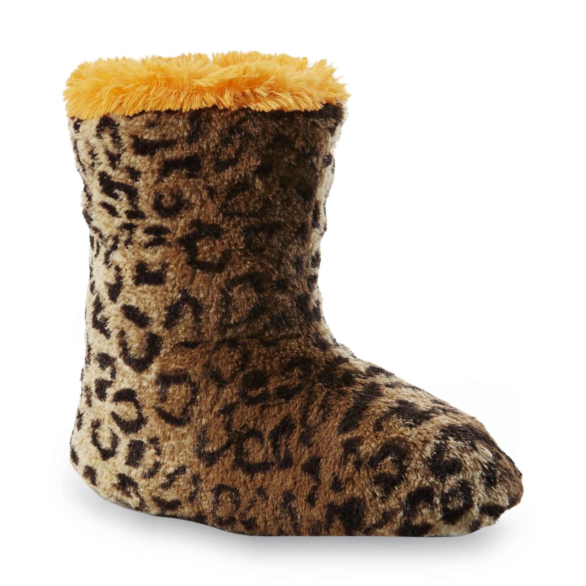 Dearfoams Women's Faux Fur Bootie Slippers Leopard Print