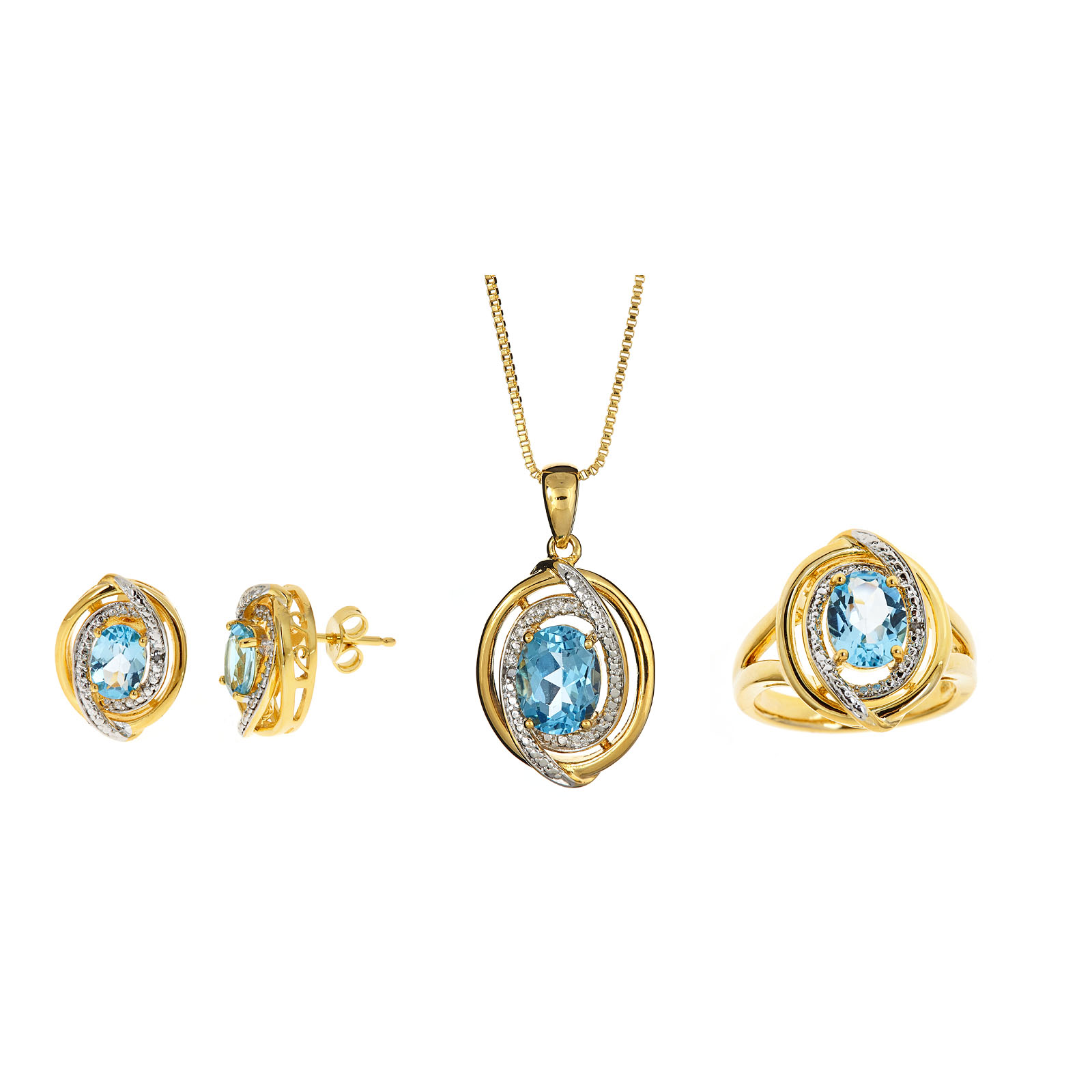 3 Piece GOB Oval Blue Topaz And Diamond Acct Earring  Necklace & Ring Set