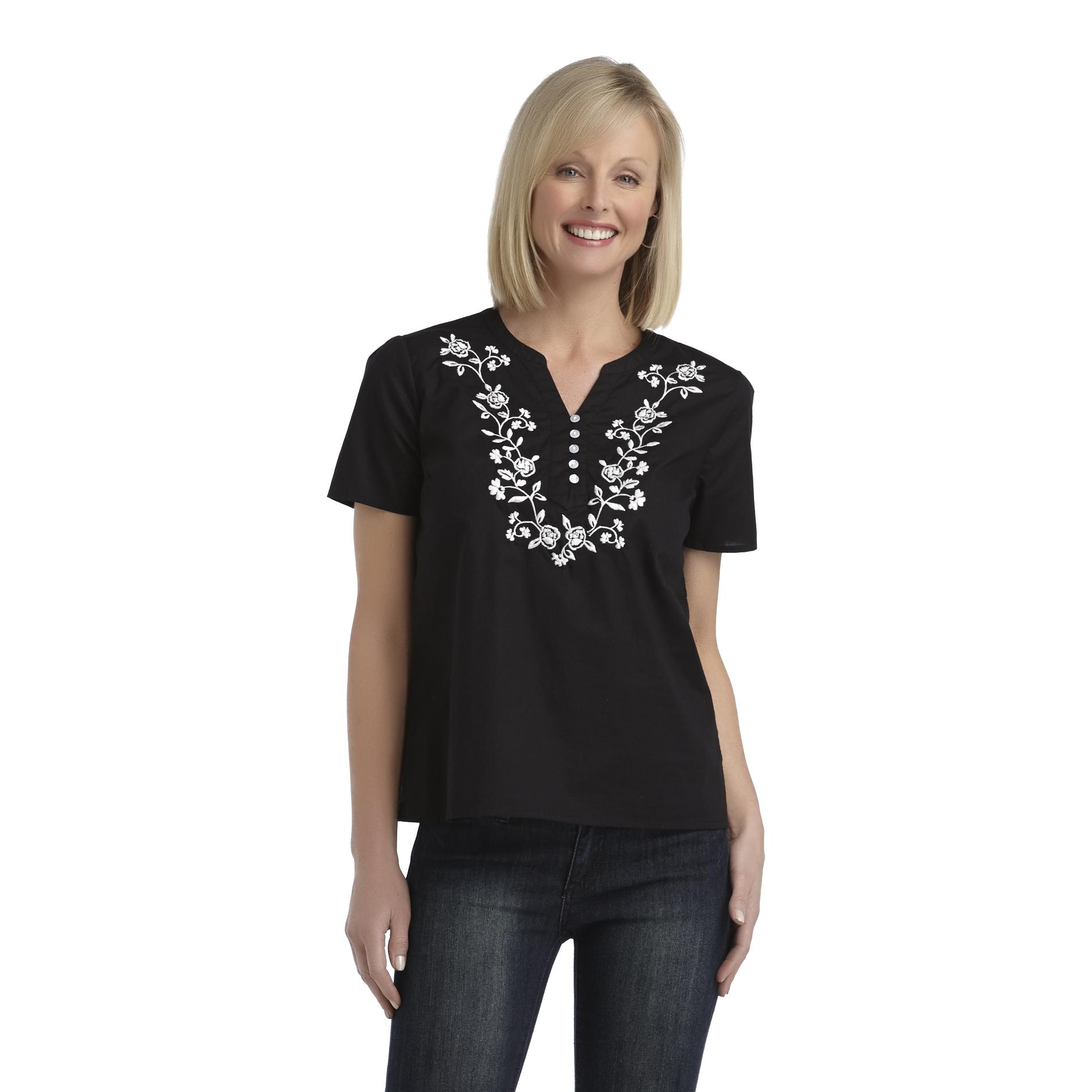 Basic Editions Women's Embroidered Split Neck Top