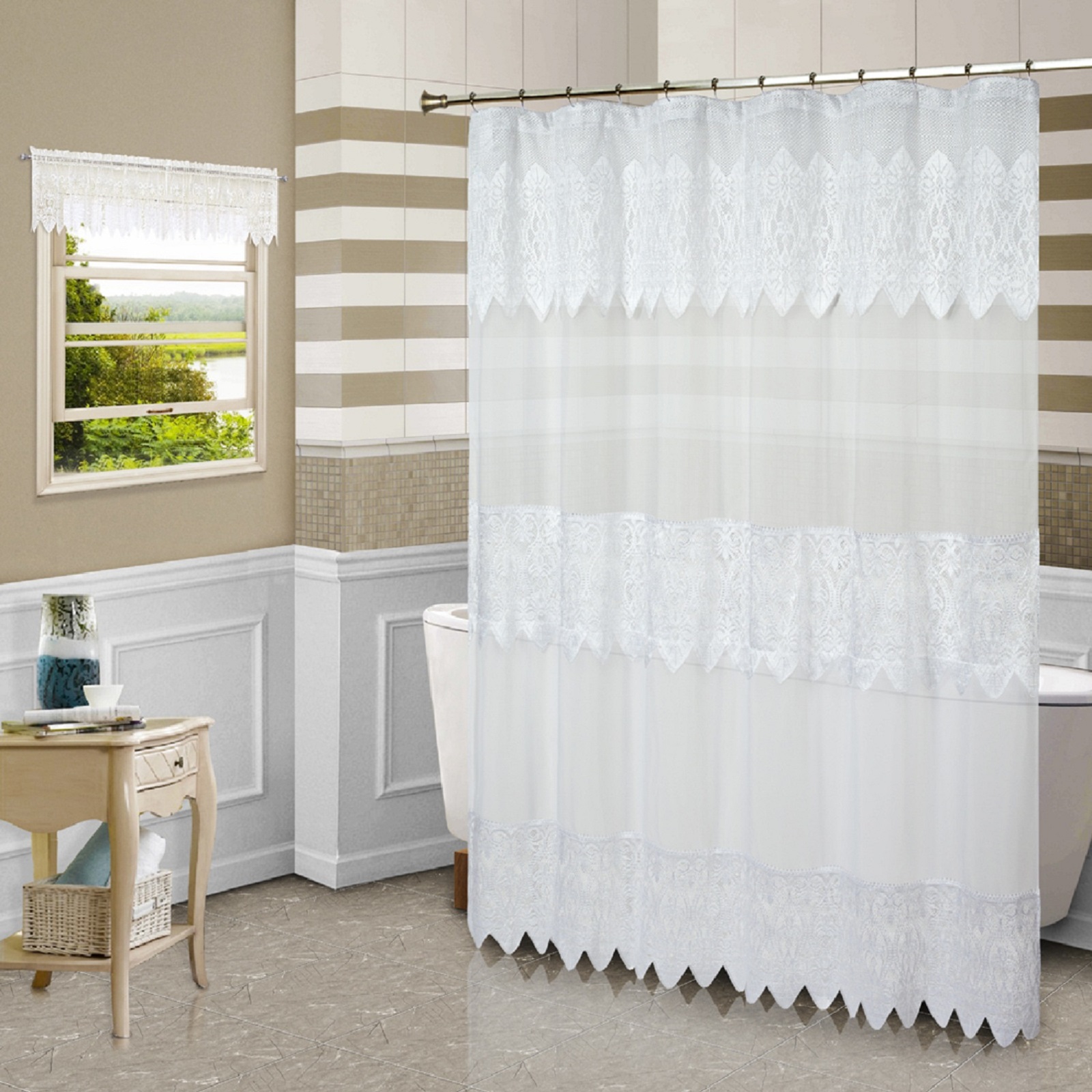 United Curtain Company "Valerie" Free Standing Shower Curtain with Macrame Insets
