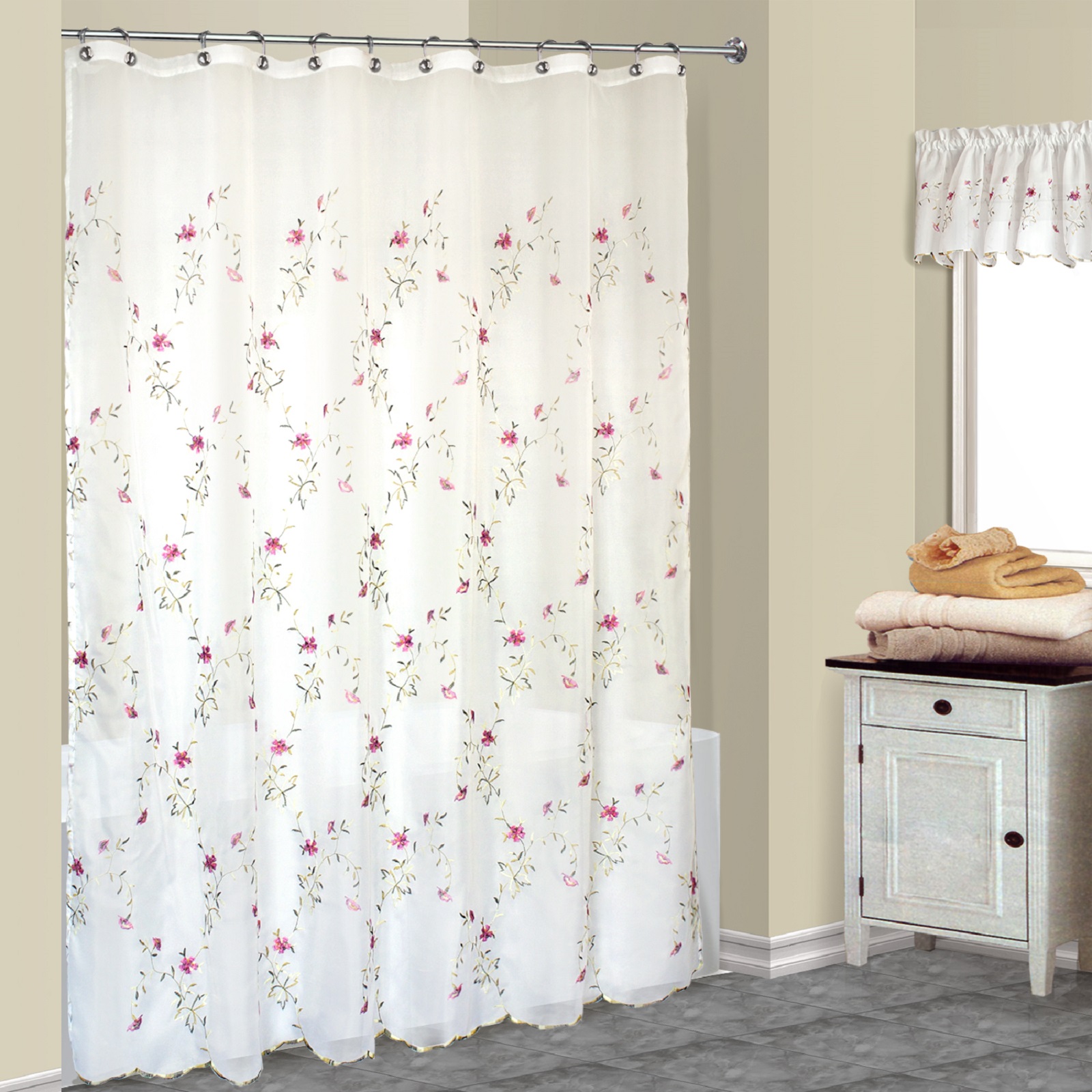 United Curtain Company "Loretta" Delicate Embroidered Sheer Voile Floral Free Standing Shower Curtain
