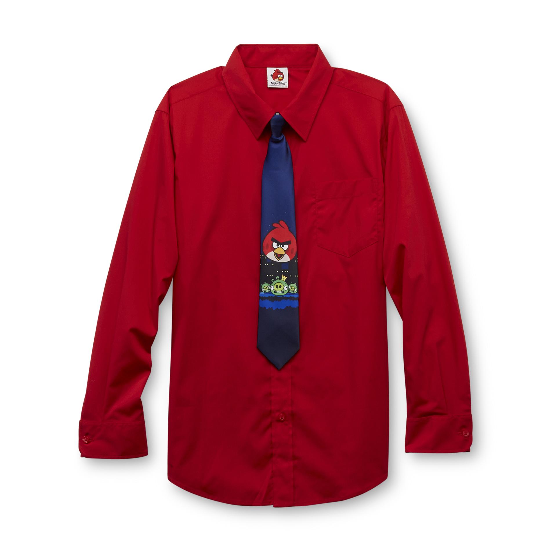 Angry Birds Boy's Dress Shirt & Necktie - Red Bird & Pigs
