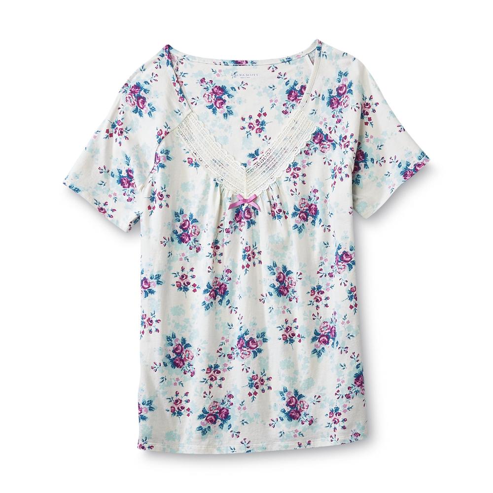 Laura Scott Women's Lace Trim Pajama Top & Pants - Rose Bouquets