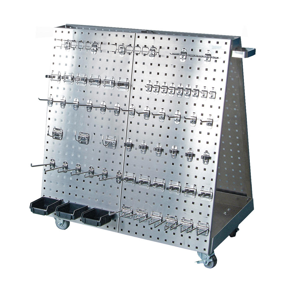 LocBoard Anodized Aluminum Frame Stainless Steel Tool Cart with Tray  60 pc Stainless Steel LocHook Asst & 3 Hanging Bins
