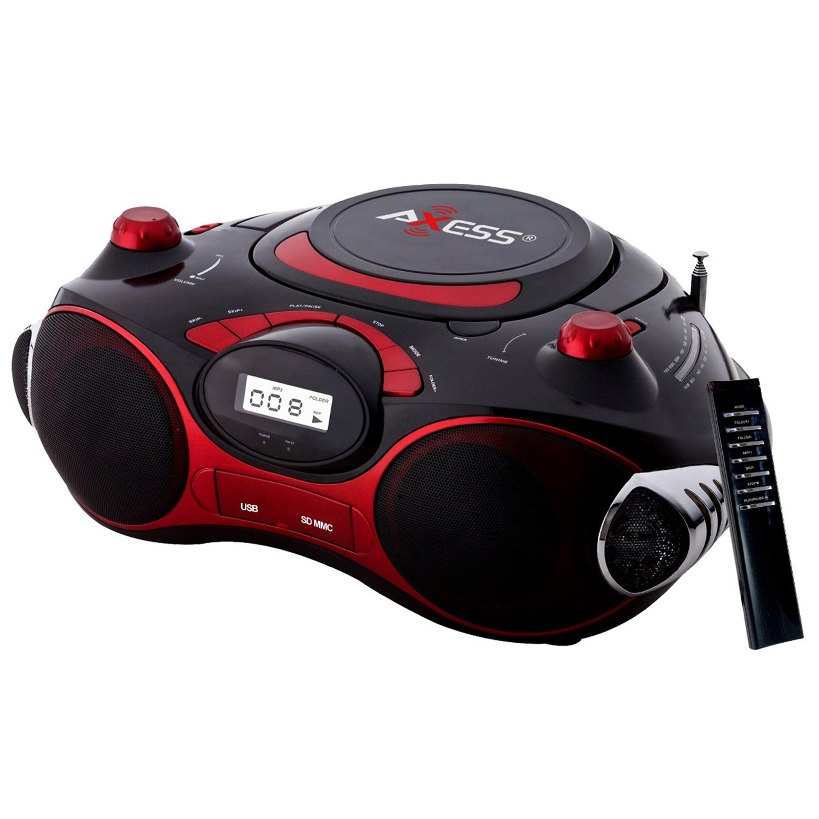 Axess 97084823M Red Portable Boombox MP3/CD Player with Text Display