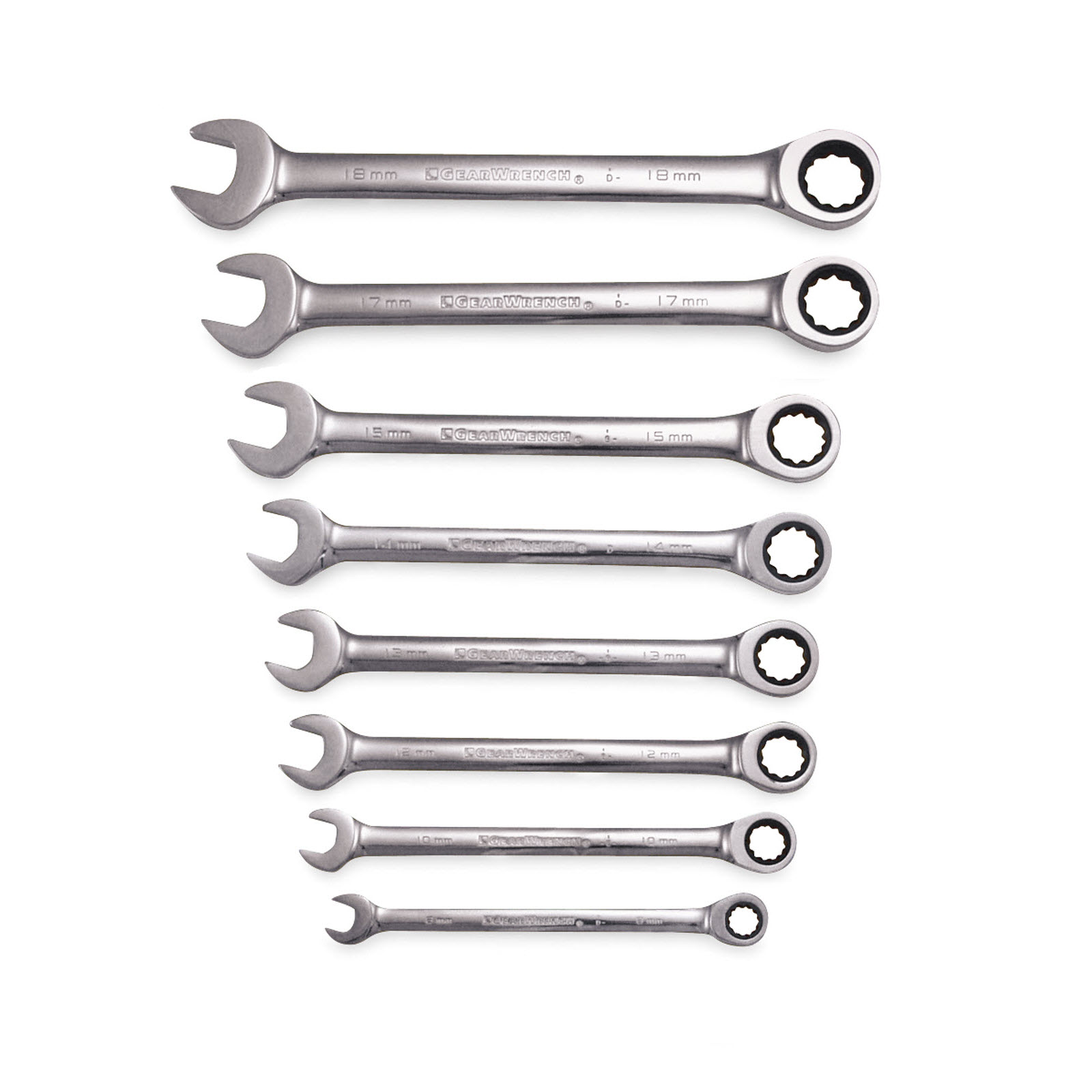 GearWrench 8 pc. Metric Flat Full Polish Ratcheting Combination Wrench