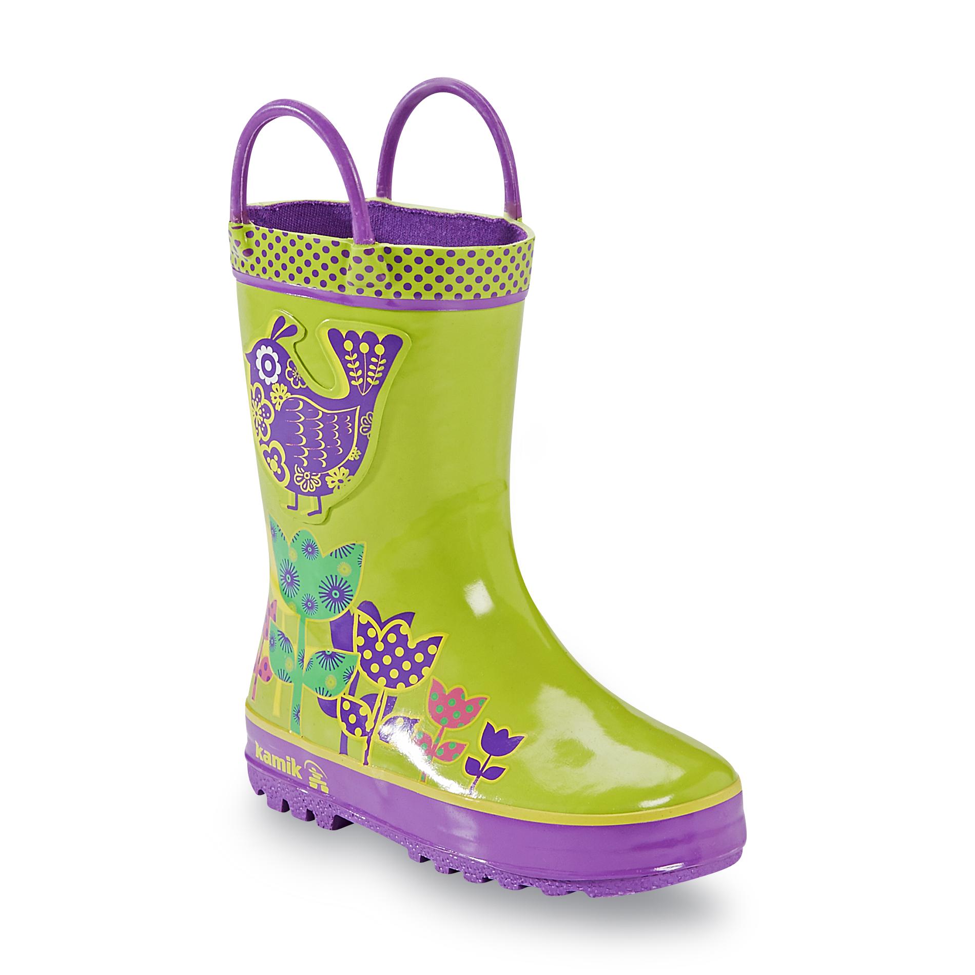 Kamik Toddler/Girl's 7" Green/Purple Rubber Rain Boot - Bird & Flowers