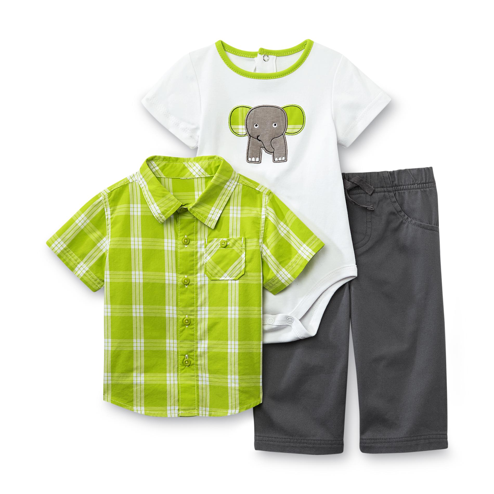 Little Wonders Newborn Boy's Shirt  Bodysuit & Pants - Plaid Elephant