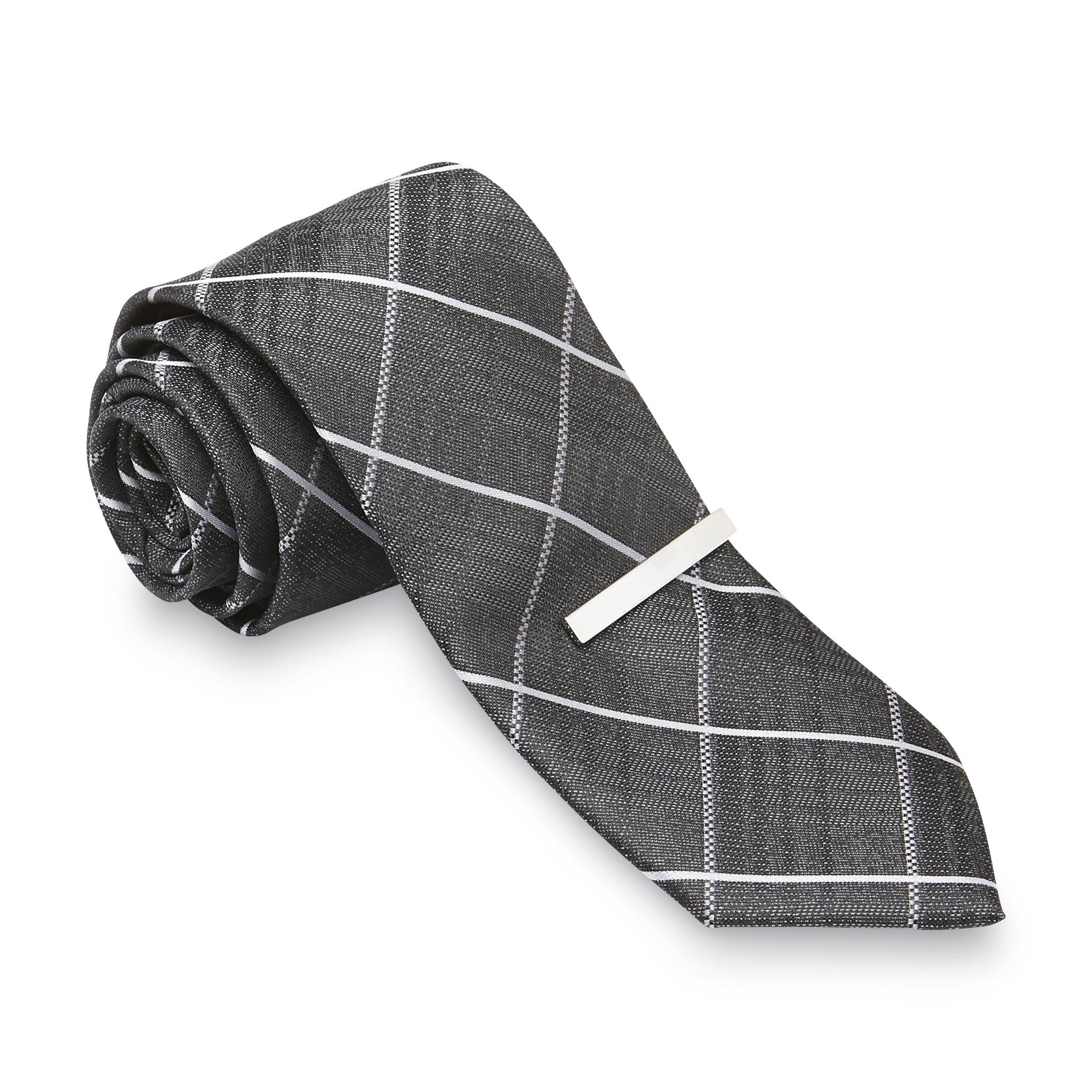 Structure Men's Narrow Necktie & Tie Clip - Checkered