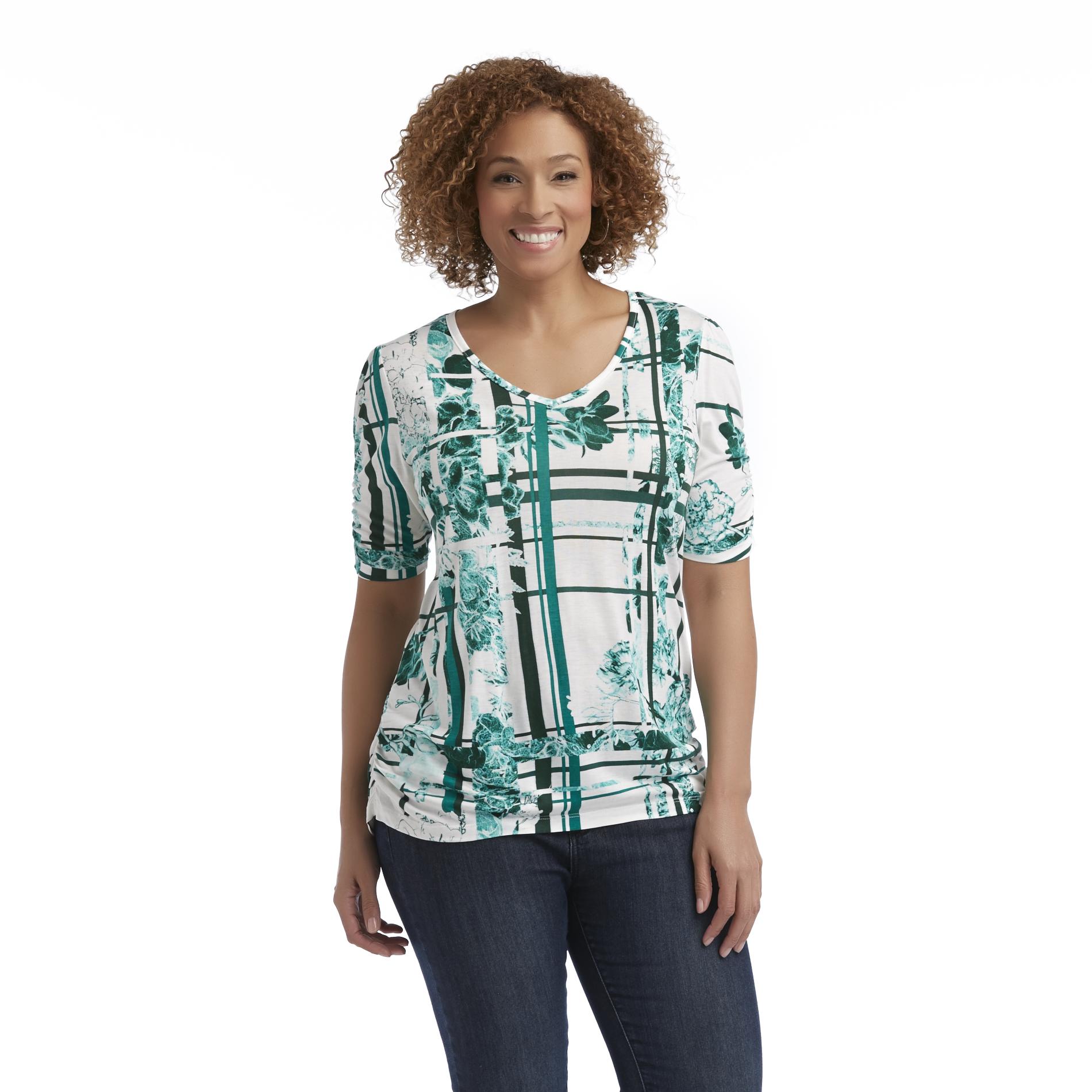 Beverly Drive Women's Plus Ruched Short-Sleeve Top - Floral & Plaid