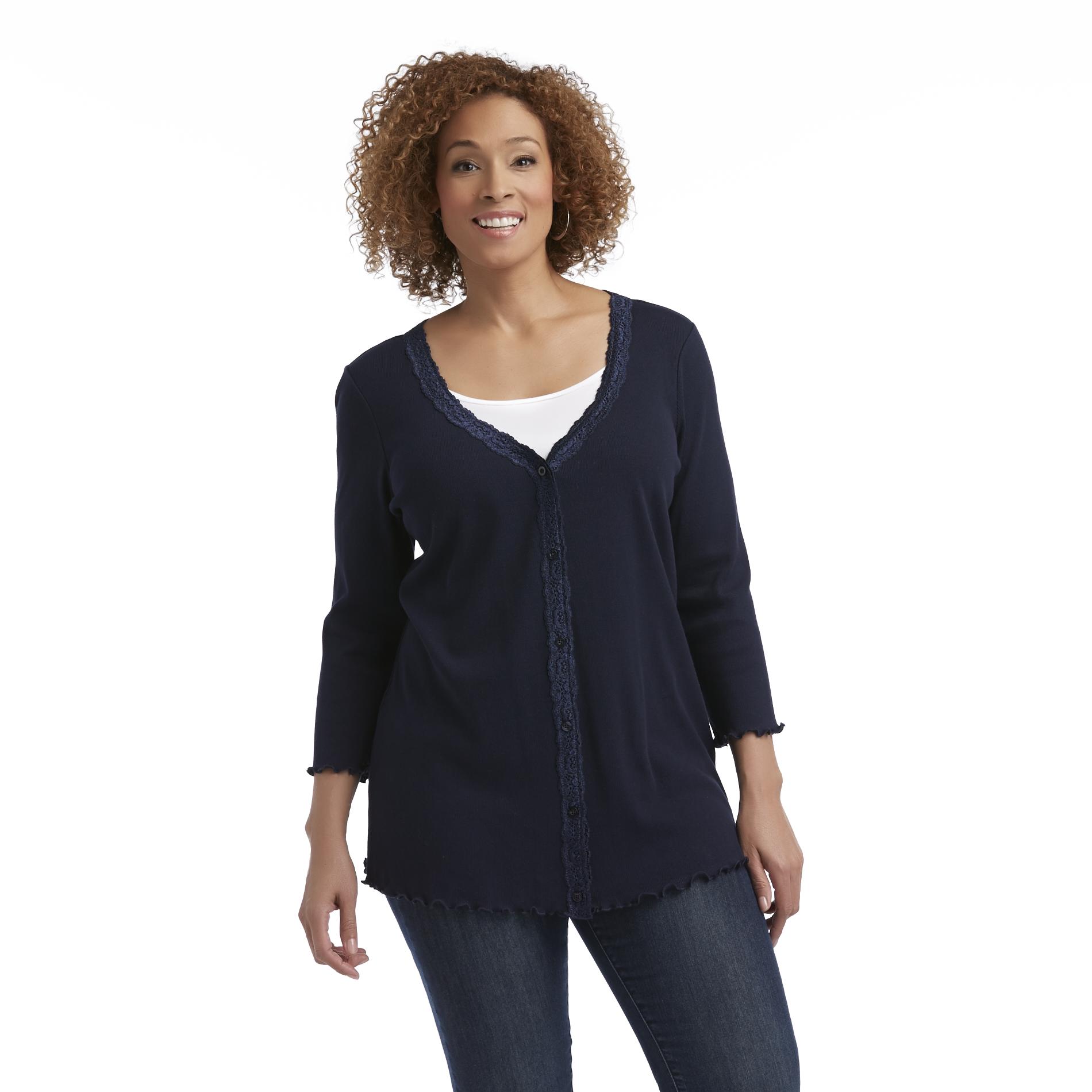Basic Editions Women's Plus Ribbed Cardigan - Lace Trim