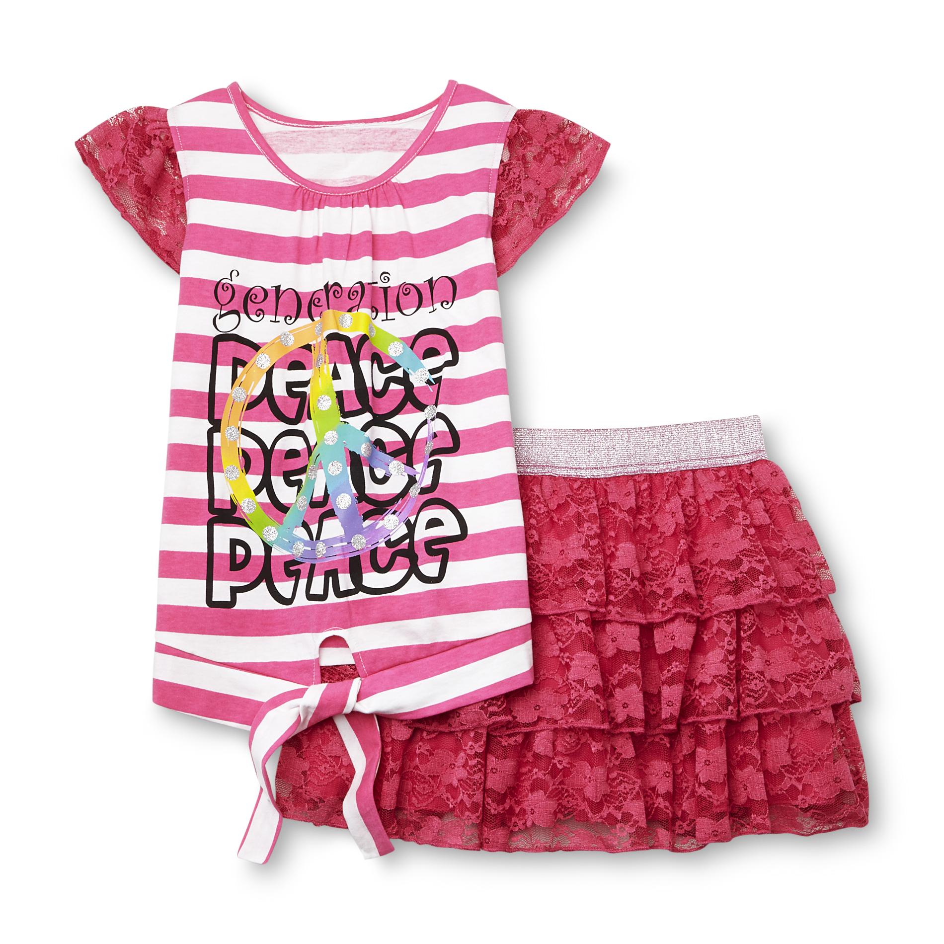 Piper Girl's Lace-Trim T-Shirt & Tiered Mini Scooter Skirt