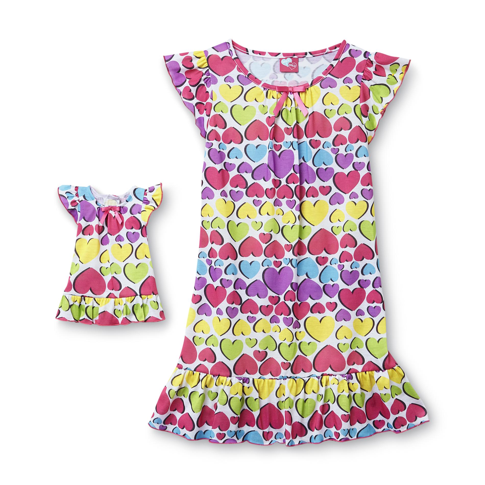 What A Doll Girl's Nightgown & Doll Outfit - Rainbow Hearts