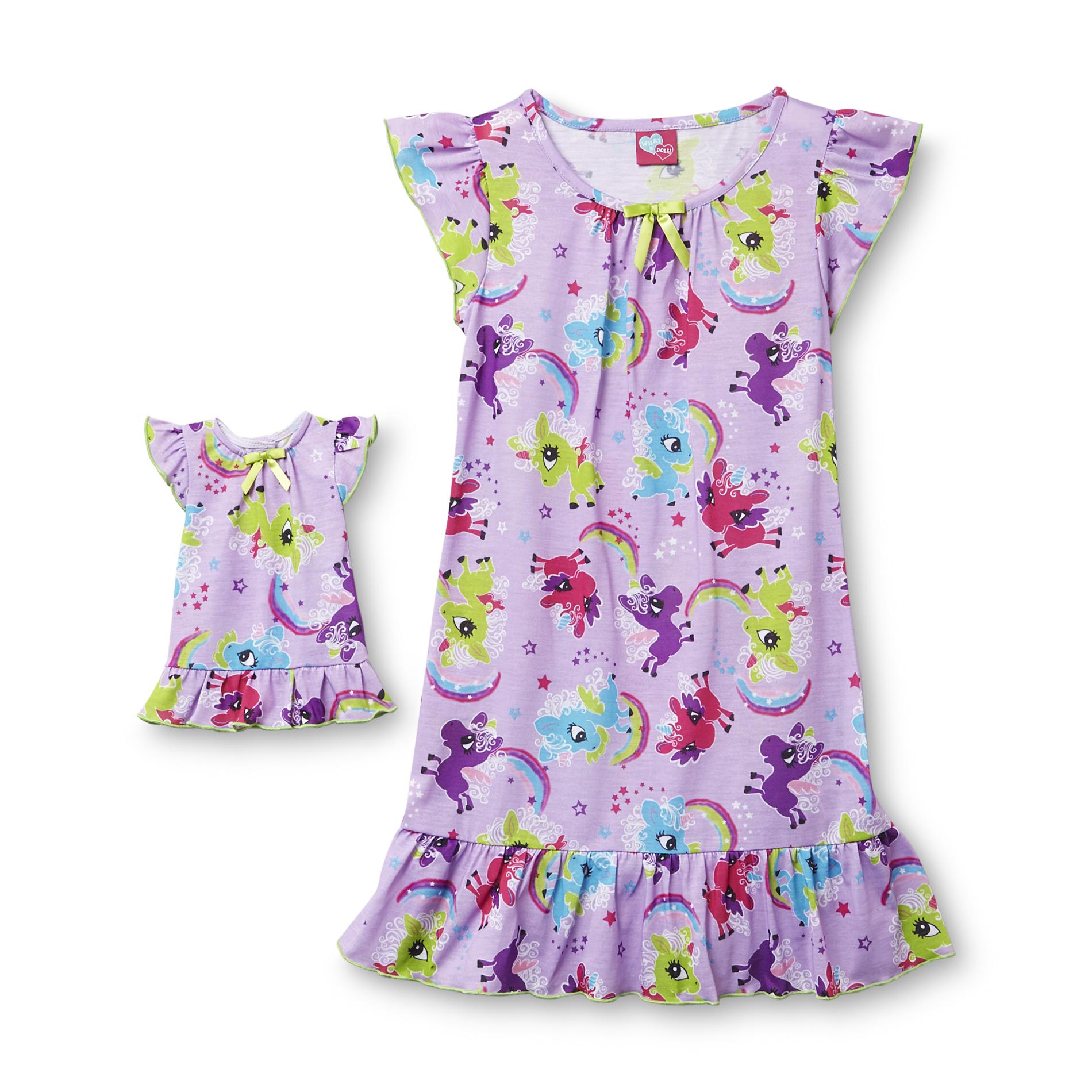 What A Doll Girl's Nightgown & Doll Outfit - Unicorns & Rainbows