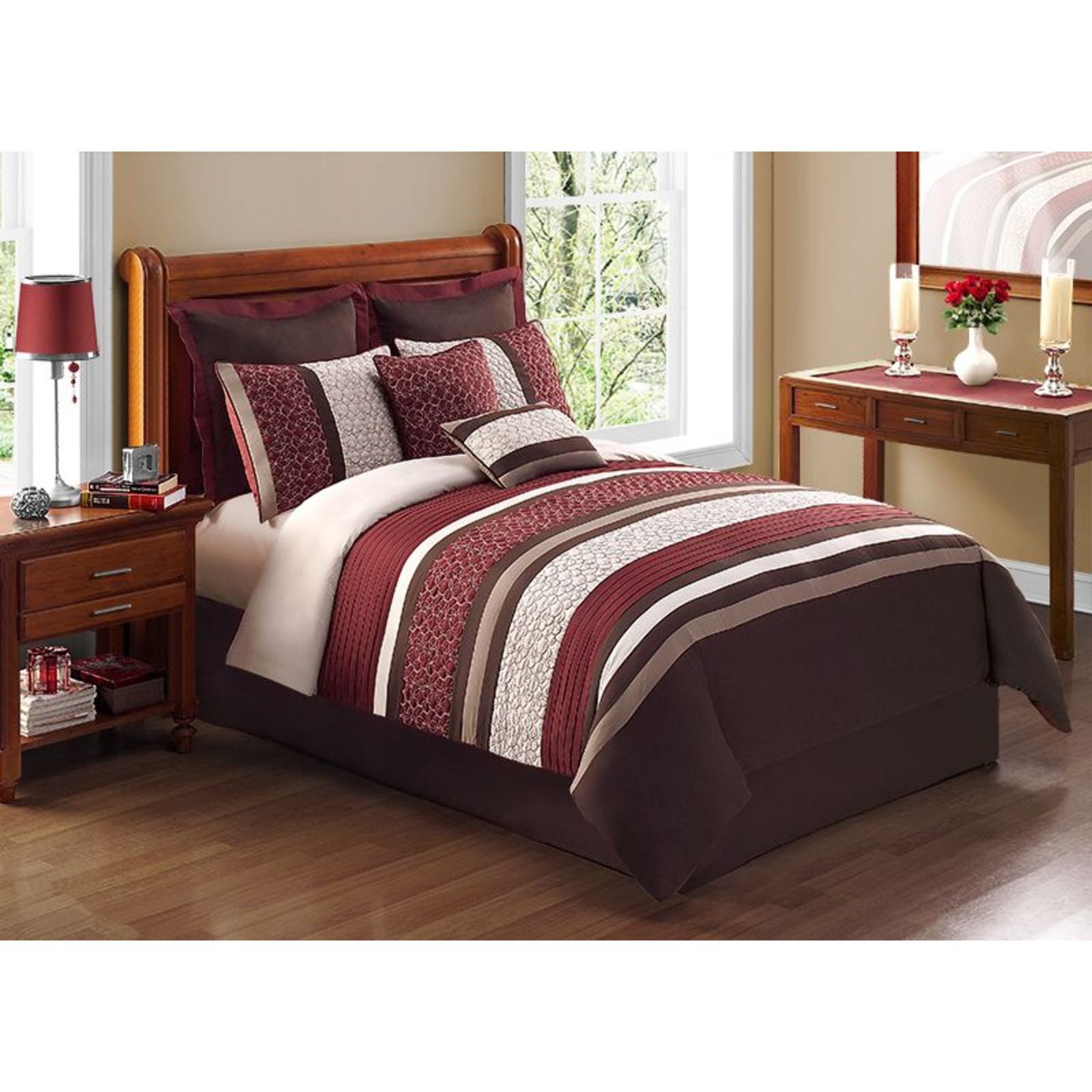 Trenton 8 Piece Comforter Set - Red and Taupe