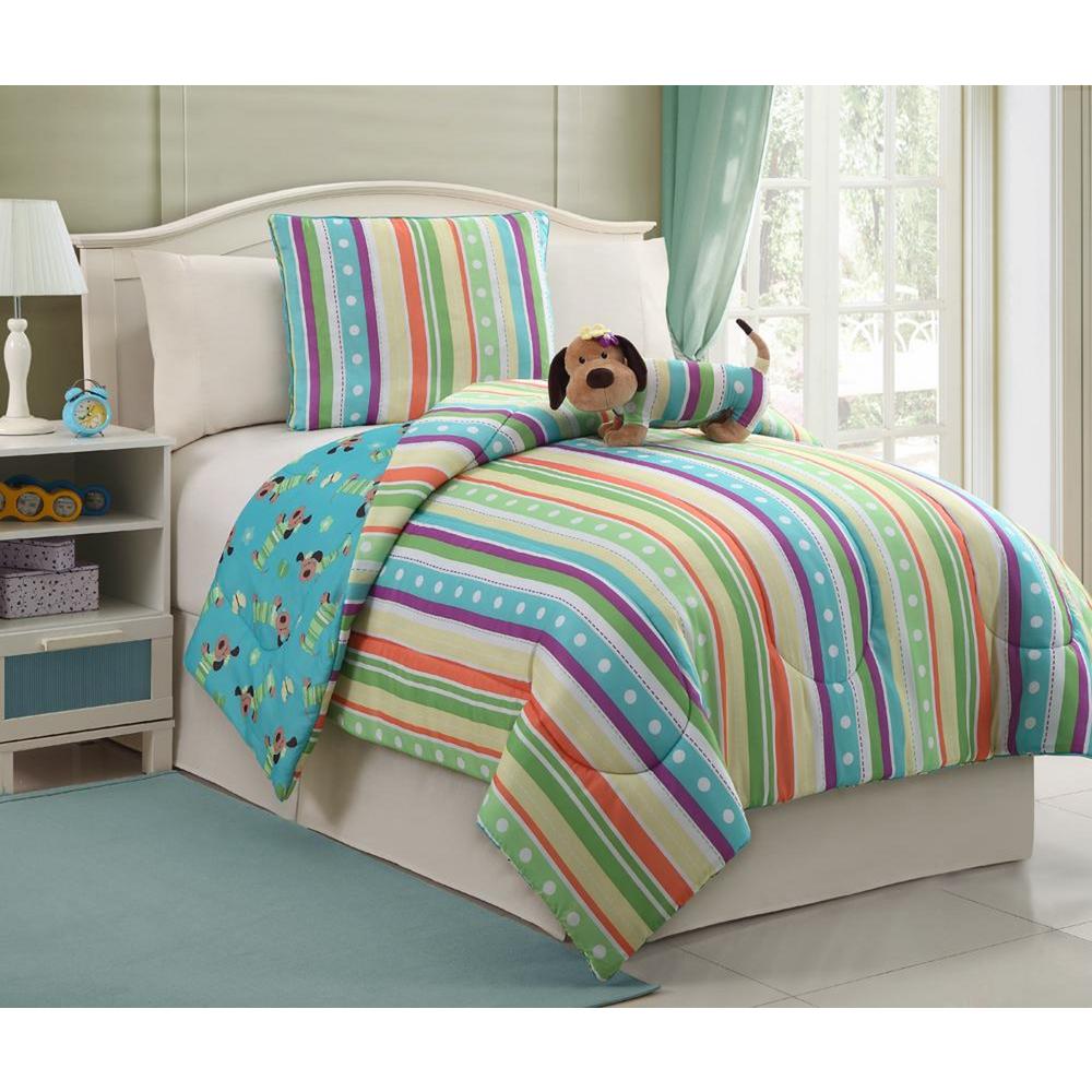 Furry Friends 3-Piece Striped Girl's Puppy Size Bedding Set