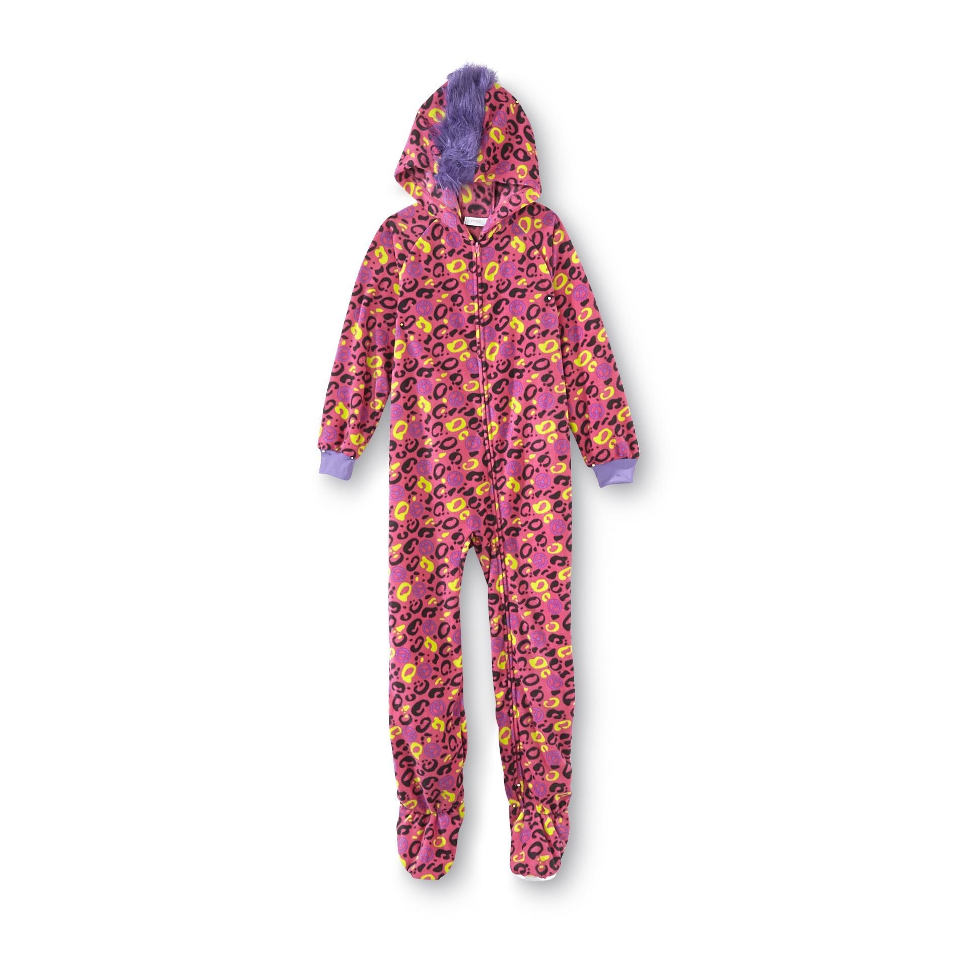 Piper Girl's Fleece Footed Pajamas - Leopard & Peace Sign Print