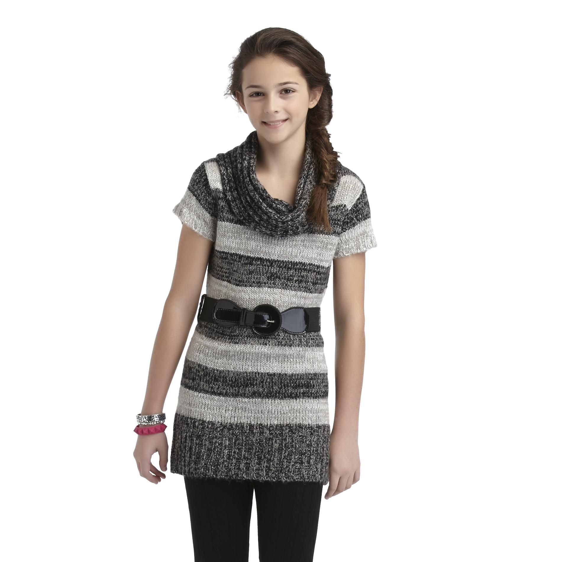 Sweater Project Girl's Cowl Neck Tunic Sweater & Belt - Striped
