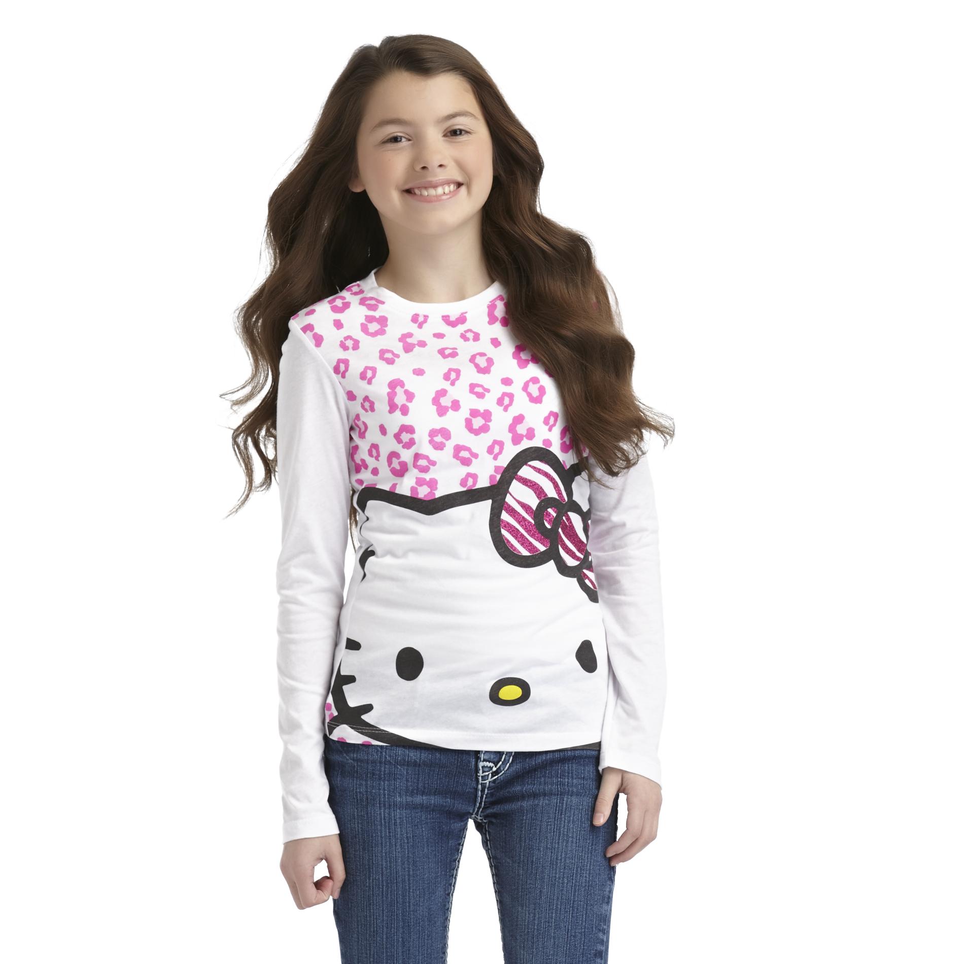 Hello Kitty Girl's Long-Sleeve Graphic Glitter T-Shirt - Leopard Print