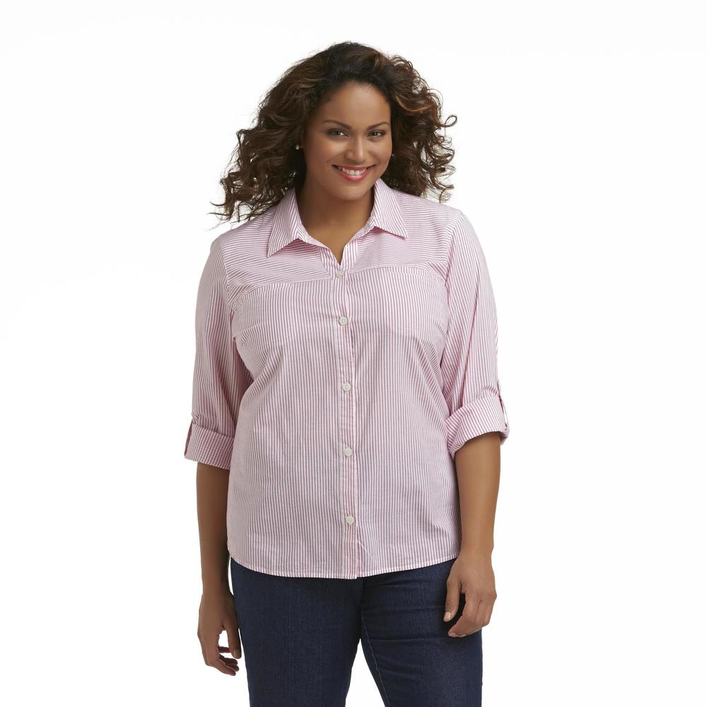 Laura Scott Women's Plus Roll-Cuff Button-Front Shirt - Striped