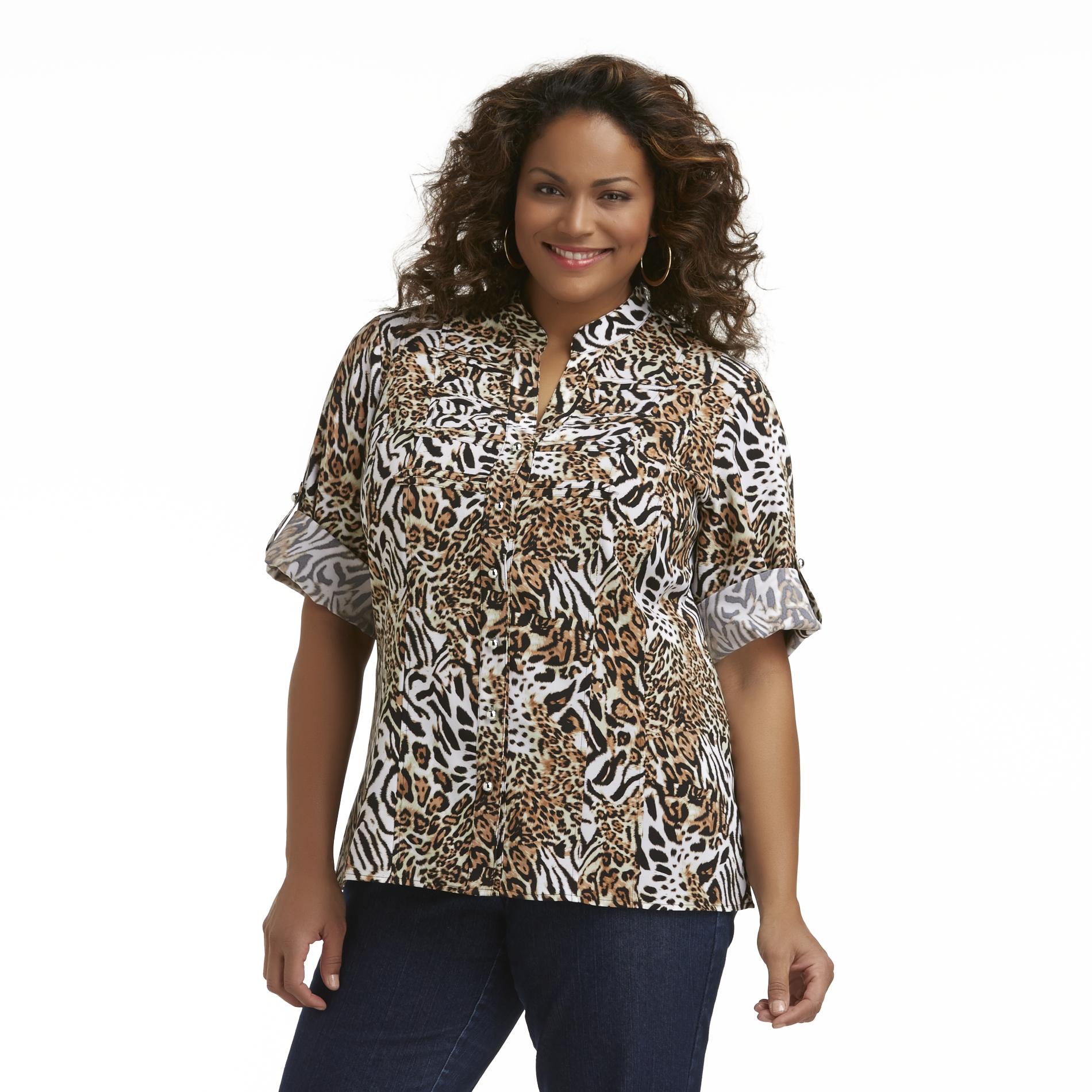 Kathy Che Women's Plus Military-Style Roll-Cuff Blouse - Animal Print