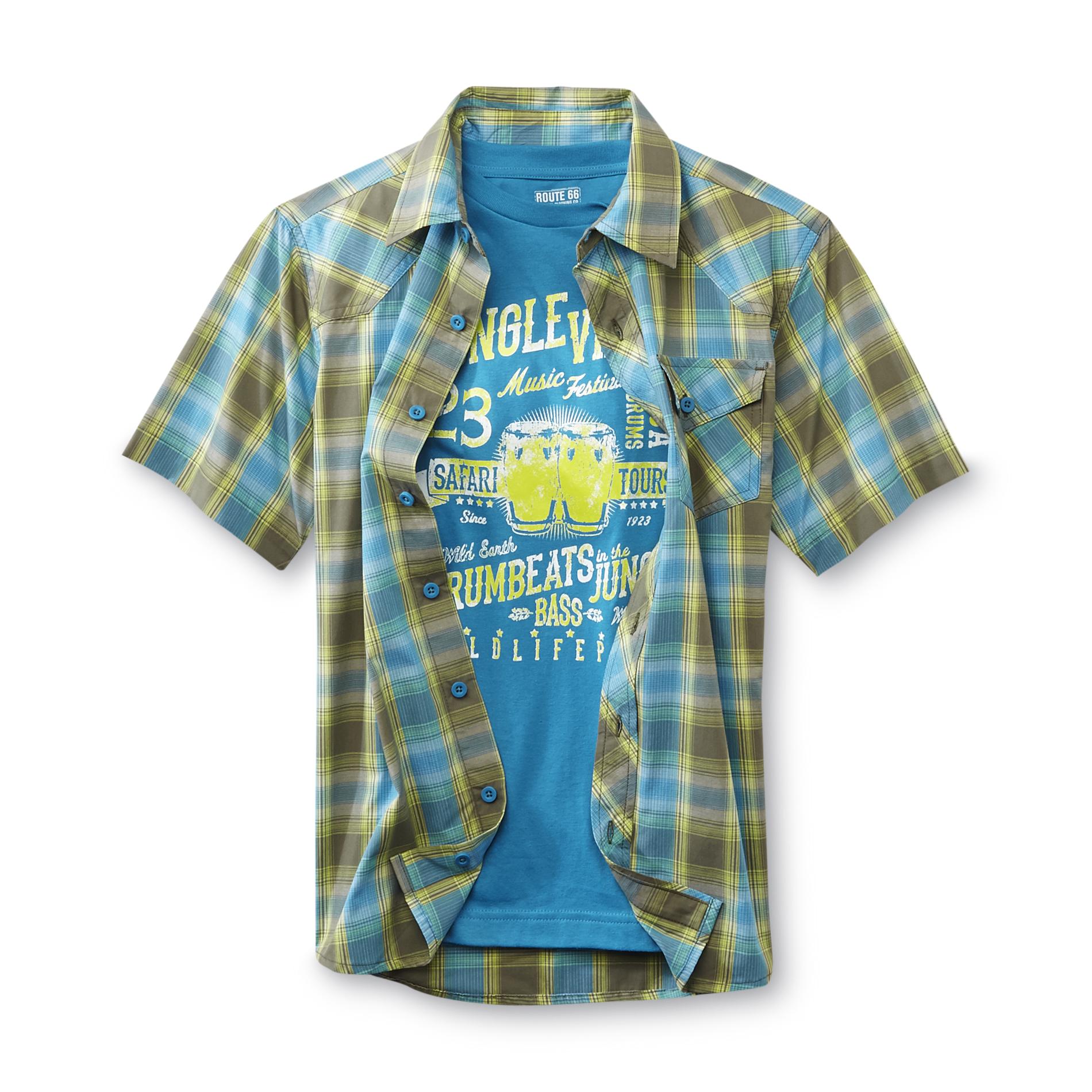 Route 66 Boy's Plaid Shirt & Graphic T-Shirt - Jungle Vibes
