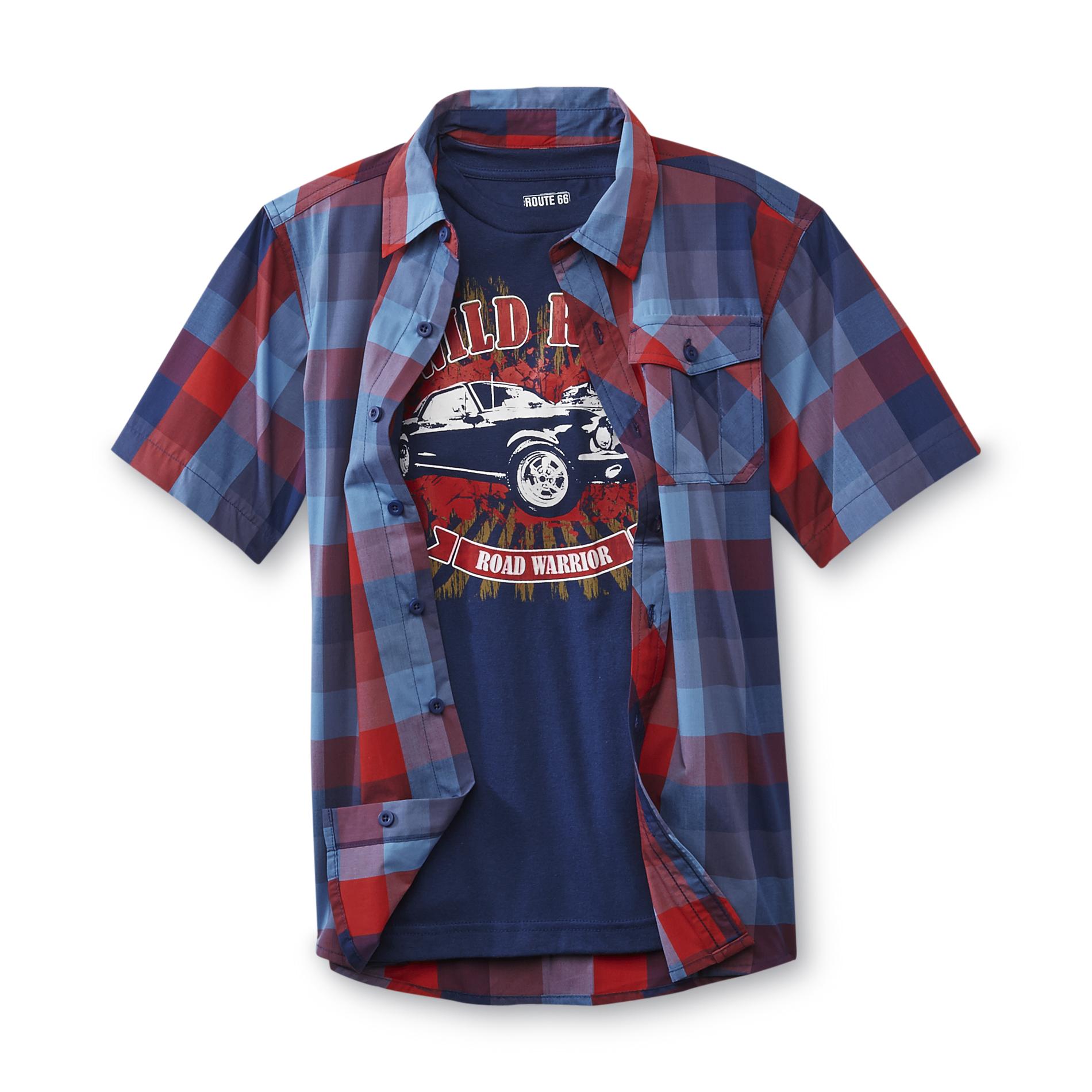 Route 66 Boy's Plaid Shirt & Graphic T-Shirt - Hot Rod