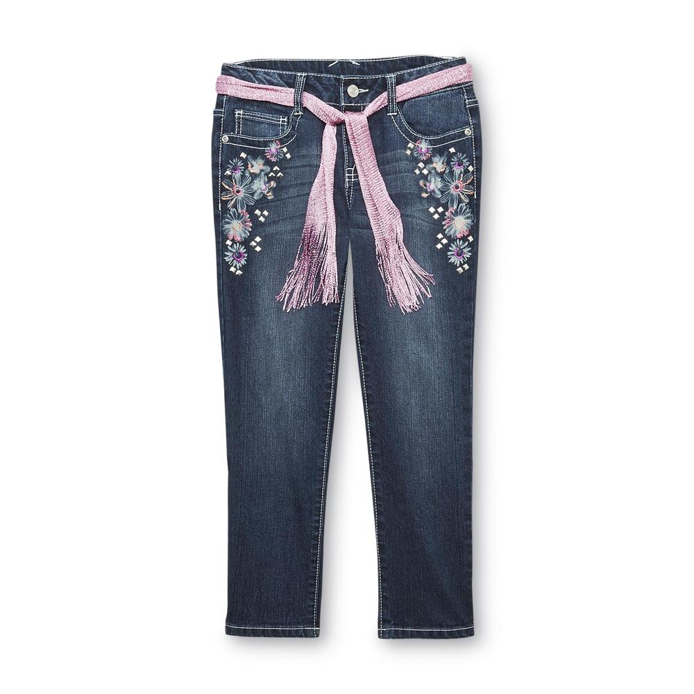 Route 66 Girl's Cropped Skinny Jeans & Belt - Studded Floral