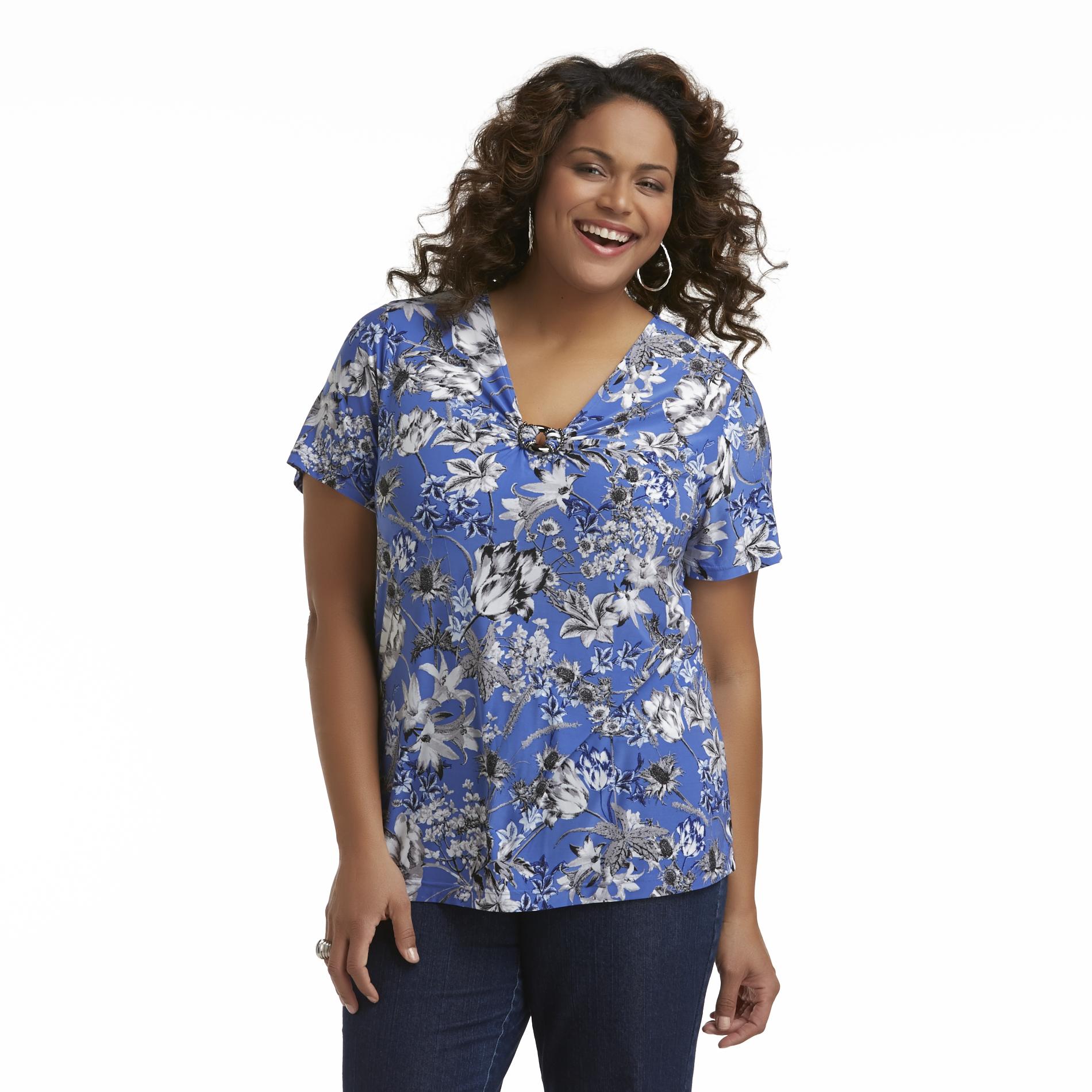 Jaclyn Smith Women's Plus V-Neck Top - Floral